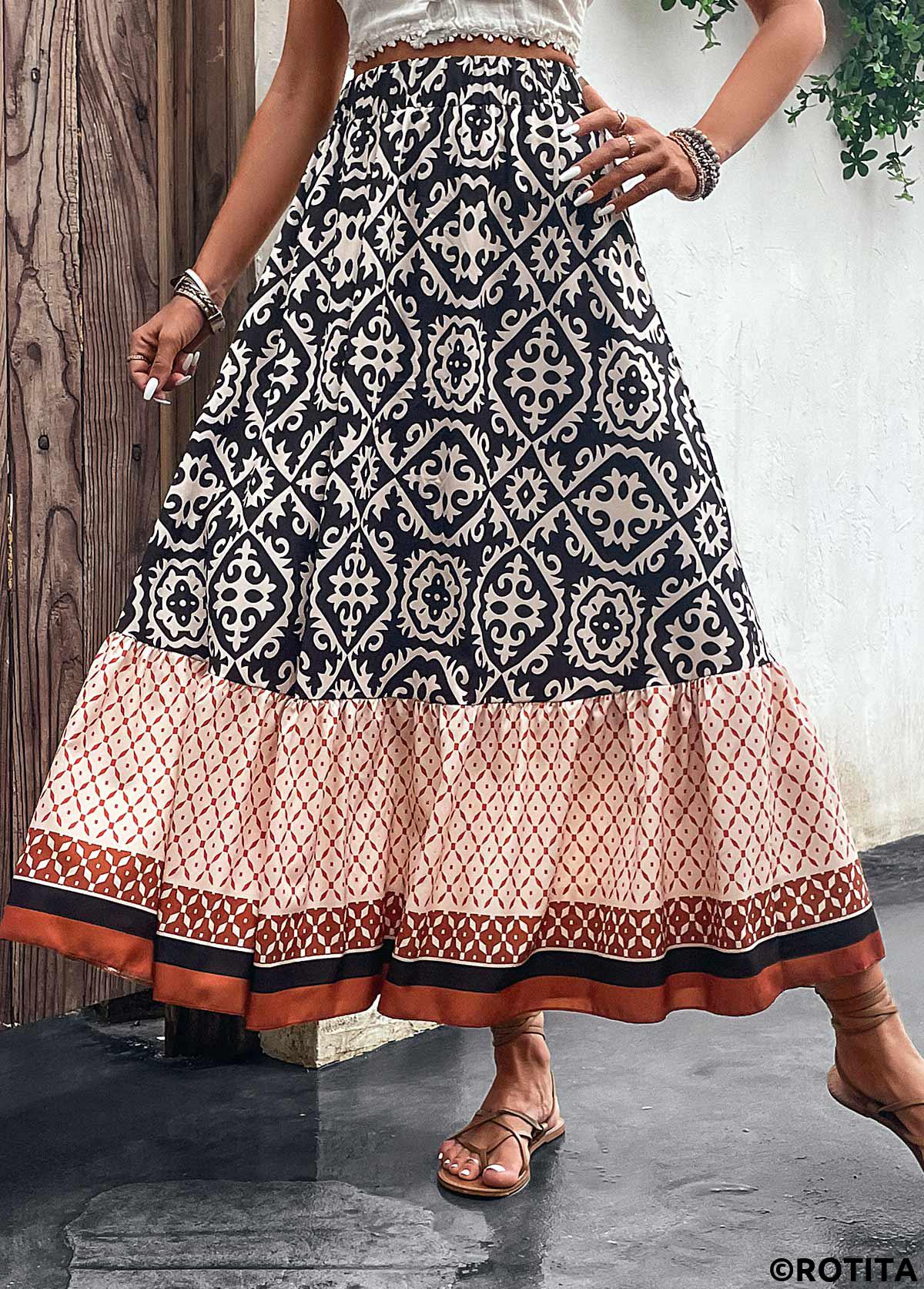 Multi Color bottoms,Tribal bottoms,Dot bottoms,Striped bottoms,Patchwork Tribal Print Multi Color Maxi Skirt