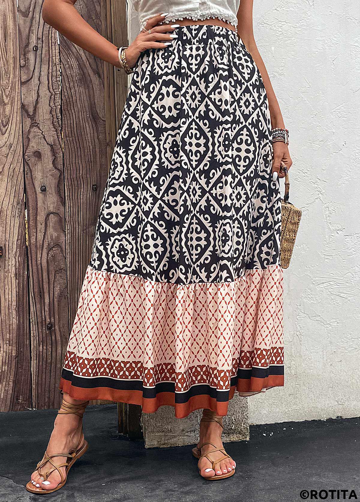 Multi Color bottoms,Tribal bottoms,Dot bottoms,Striped bottoms,Patchwork Tribal Print Multi Color Maxi Skirt