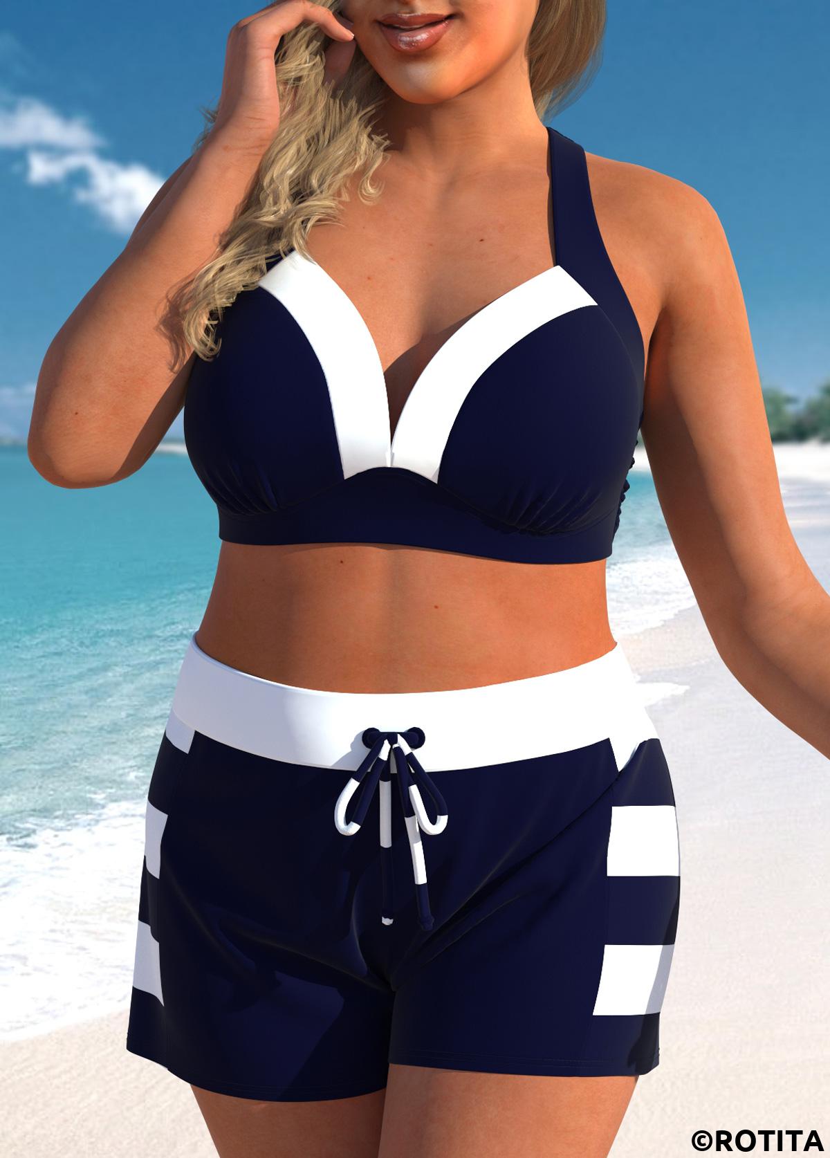 Navy plus size,Striped plus size,Geometric plus size,ROTITA Plus Size High Waisted Patchwork Striped Bikini Set