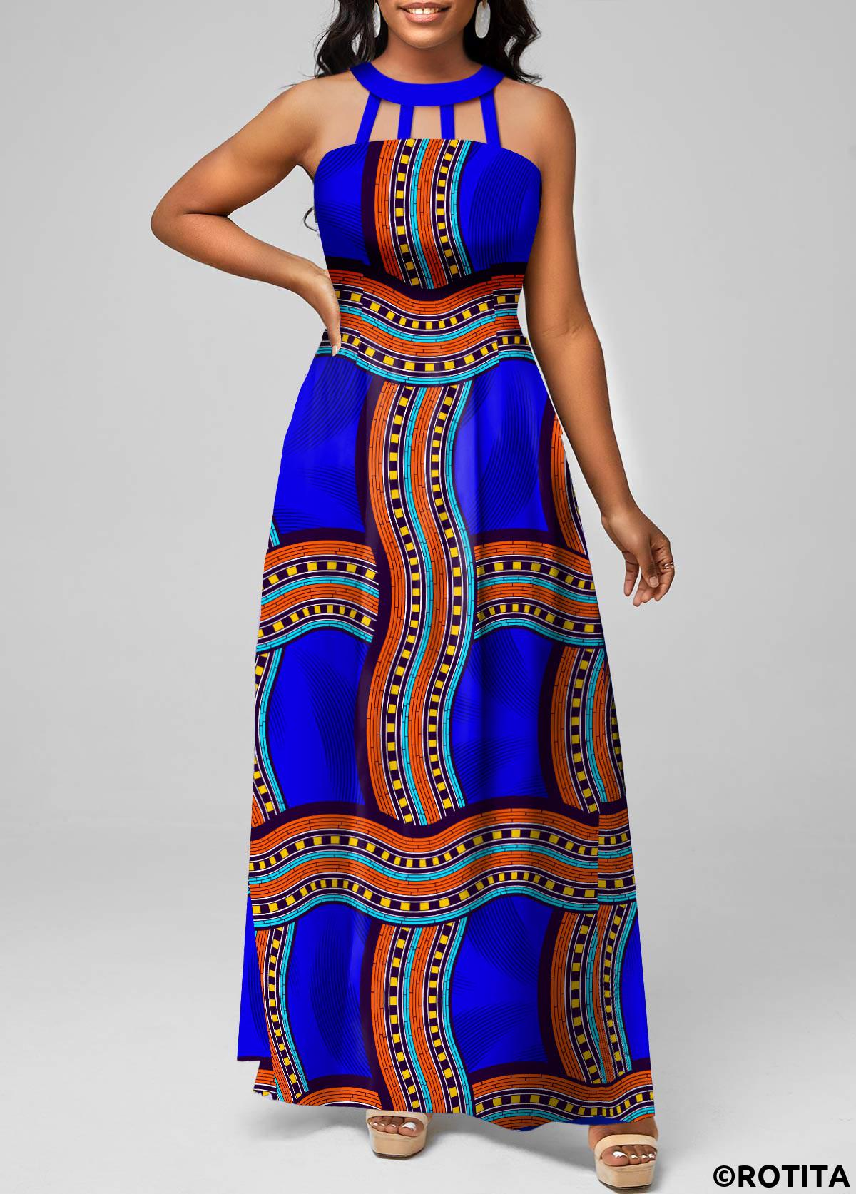 Royal Blue plus size,Tribal plus size,Striped plus size,ROTITA Plus Size Cage Neck Royal Blue Tribal Print Dress