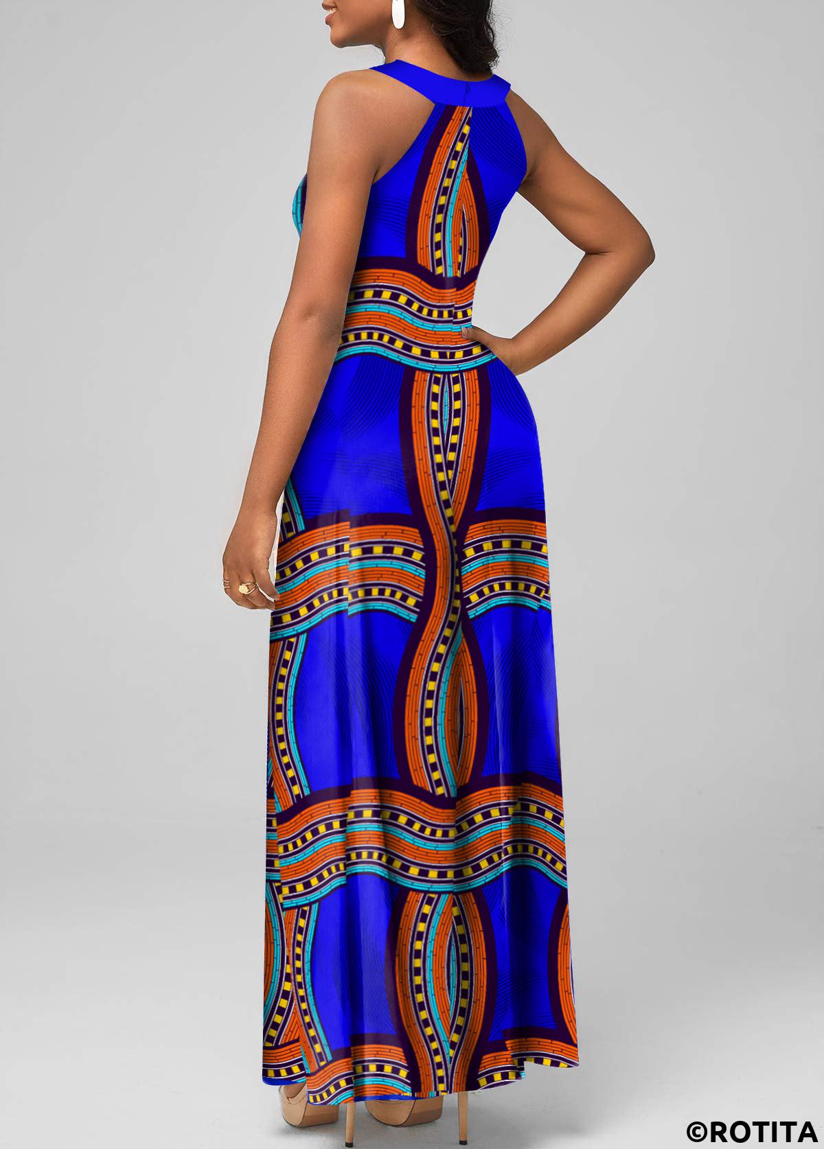 Royal Blue plus size,Tribal plus size,Striped plus size,ROTITA Plus Size Cage Neck Royal Blue Tribal Print Dress