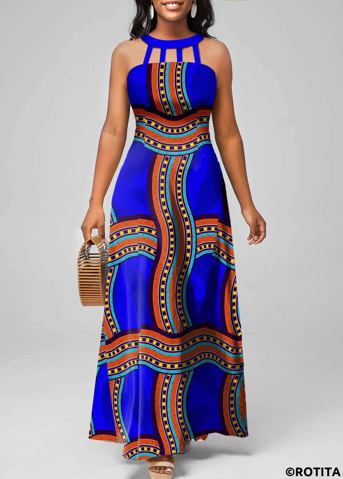 Royal Blue plus size,Tribal plus size,Striped plus size,ROTITA Plus Size Cage Neck Royal Blue Tribal Print Dress