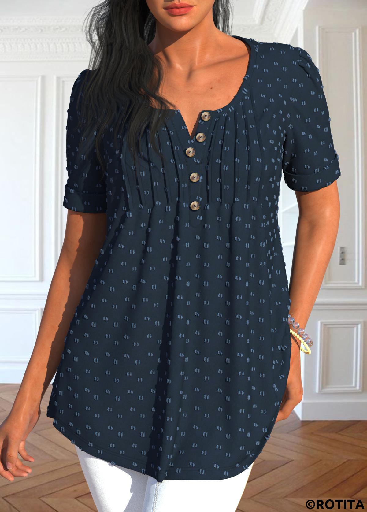 Navy tops,Plain Color tops,ROTITA Tuck Stitch Navy Split Neck Short Sleeve Blouse