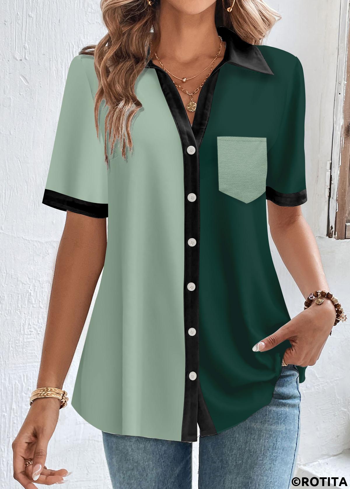 Green tops,Contrast Color tops,ROTITA Button Green Shirt Collar Short Sleeve Blouse