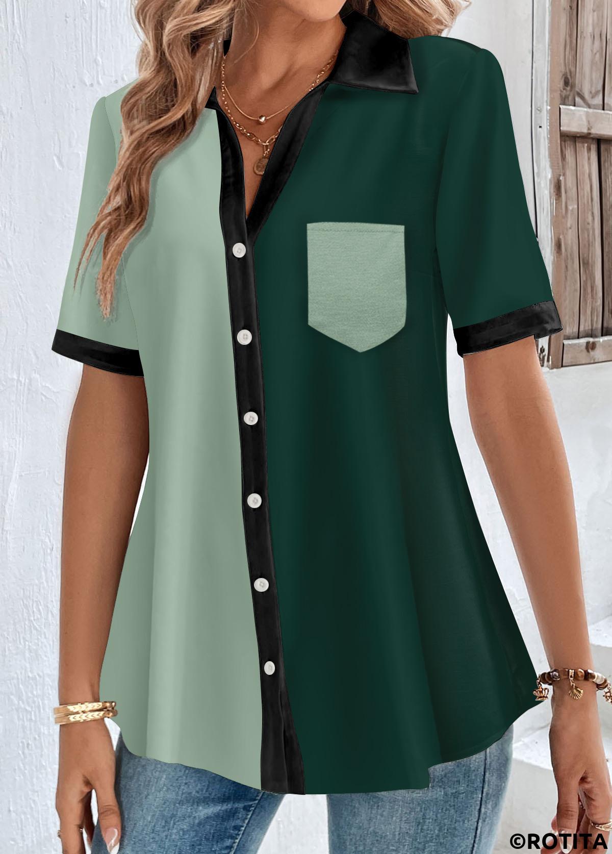 Green tops,Contrast Color tops,ROTITA Button Green Shirt Collar Short Sleeve Blouse