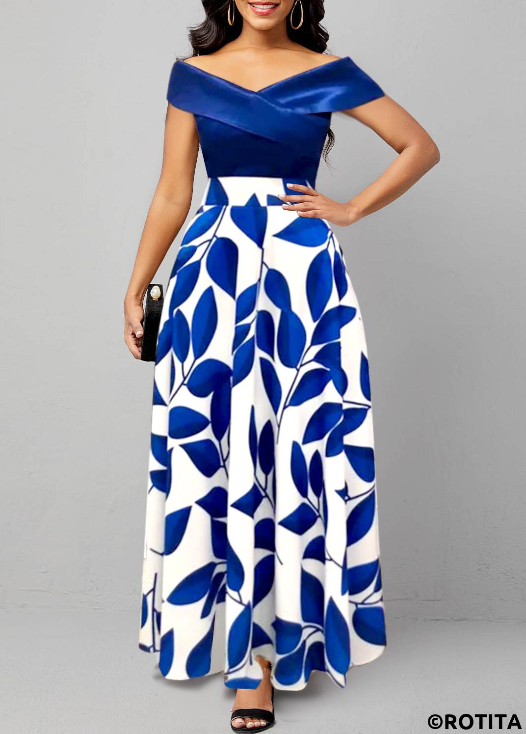 Dark Blue dresses,White dresses,Plants dresses,Vacation dresses,Vacation dresses,ROTITA Surplice Leaf Print Dark Blue Maxi Dress
