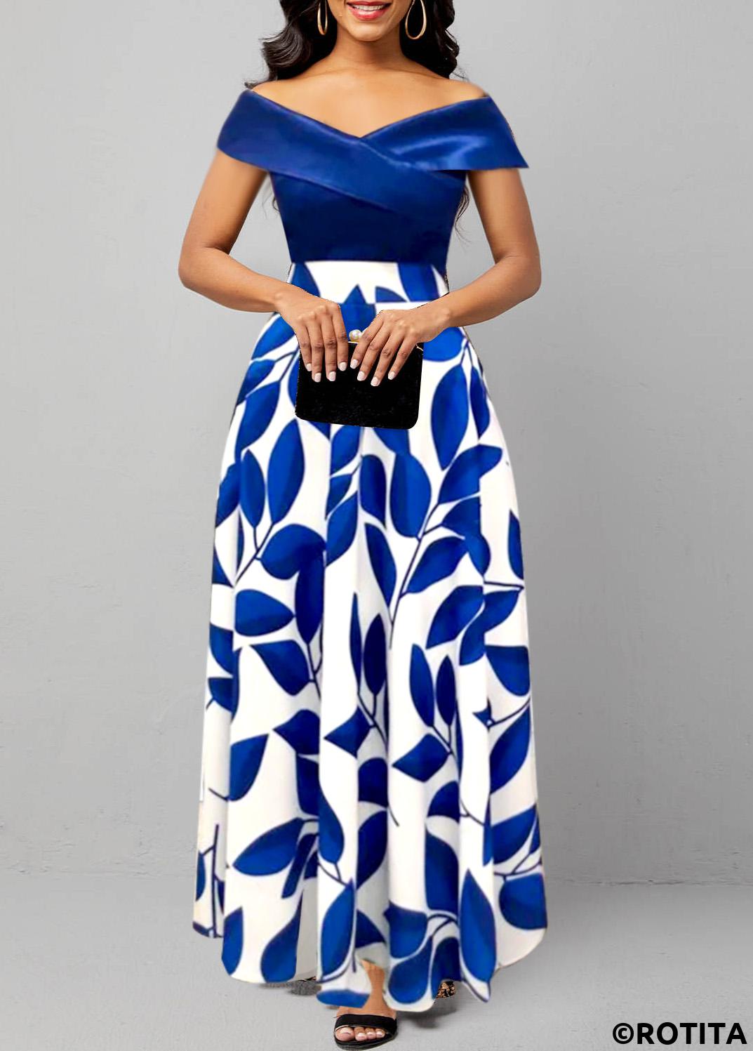 Dark Blue dresses,White dresses,Plants dresses,Vacation dresses,Vacation dresses,ROTITA Surplice Leaf Print Dark Blue Maxi Dress