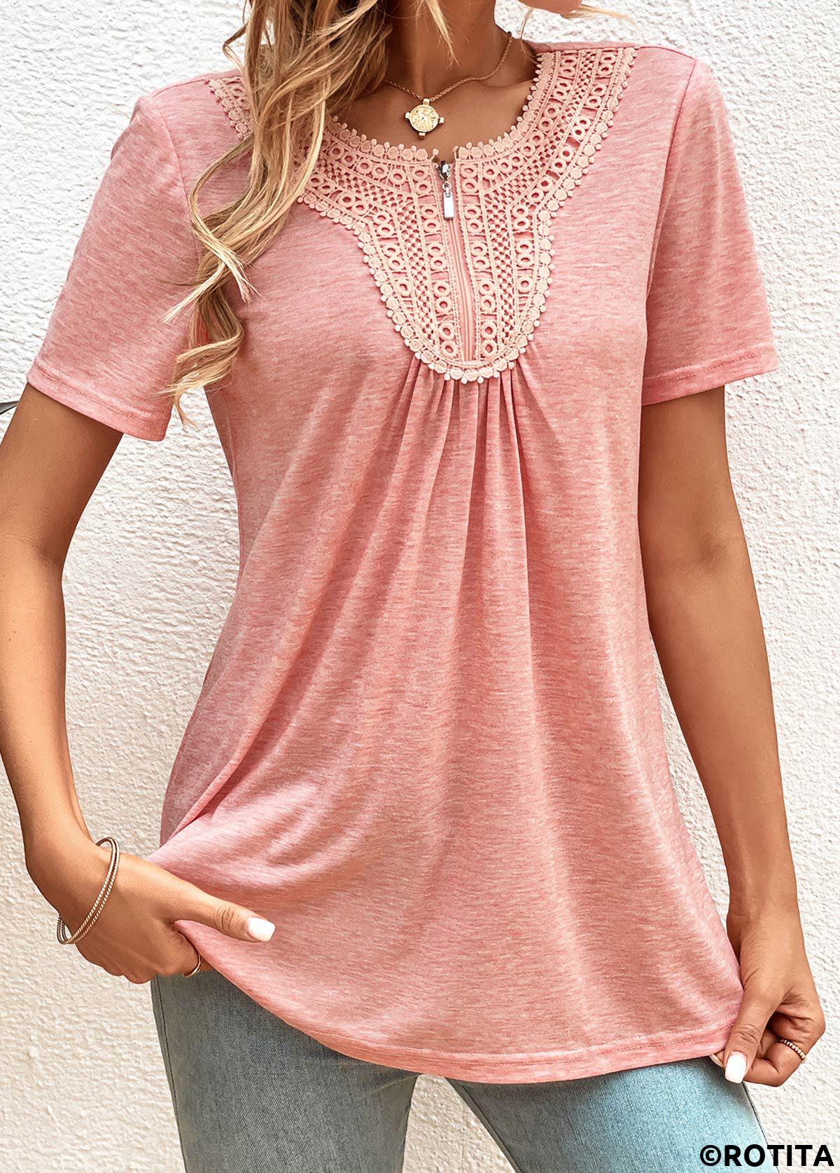Pink tops,Plain Color tops,ROTITA Zipper Pink Round Neck Short Sleeve T Shirt