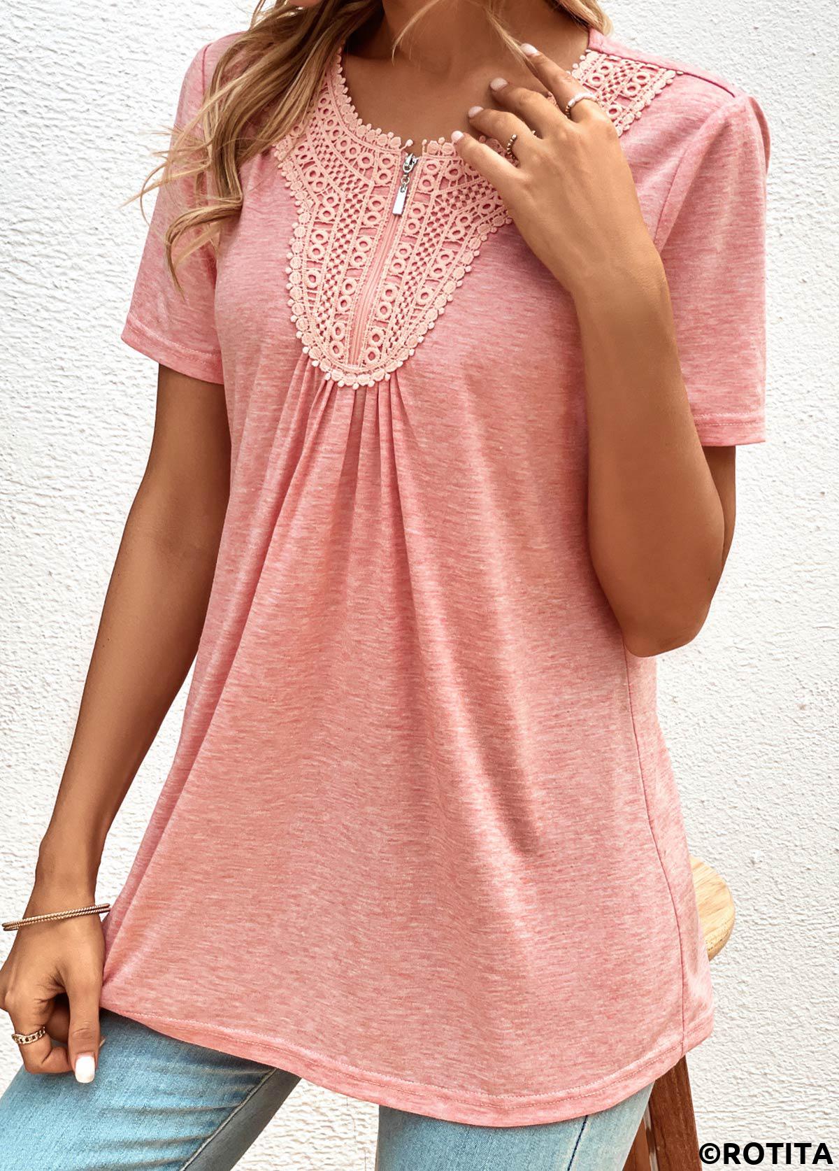 Pink tops,Plain Color tops,ROTITA Zipper Pink Round Neck Short Sleeve T Shirt