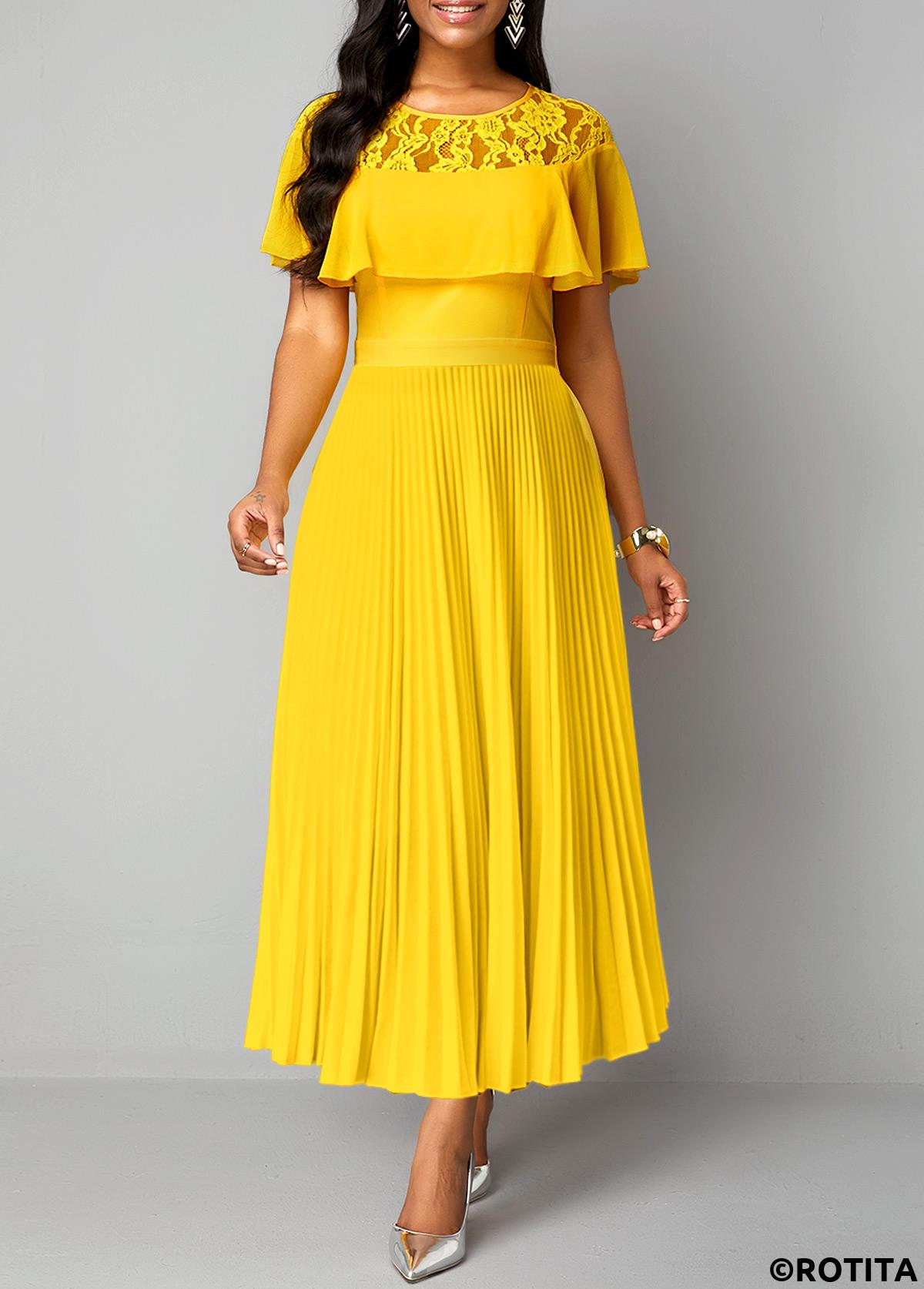 Yellow dresses,Plain Color dresses,Vacation dresses,Vacation dresses,ROTITA Lace Yellow Round Neck Short Sleeve Maxi Dress