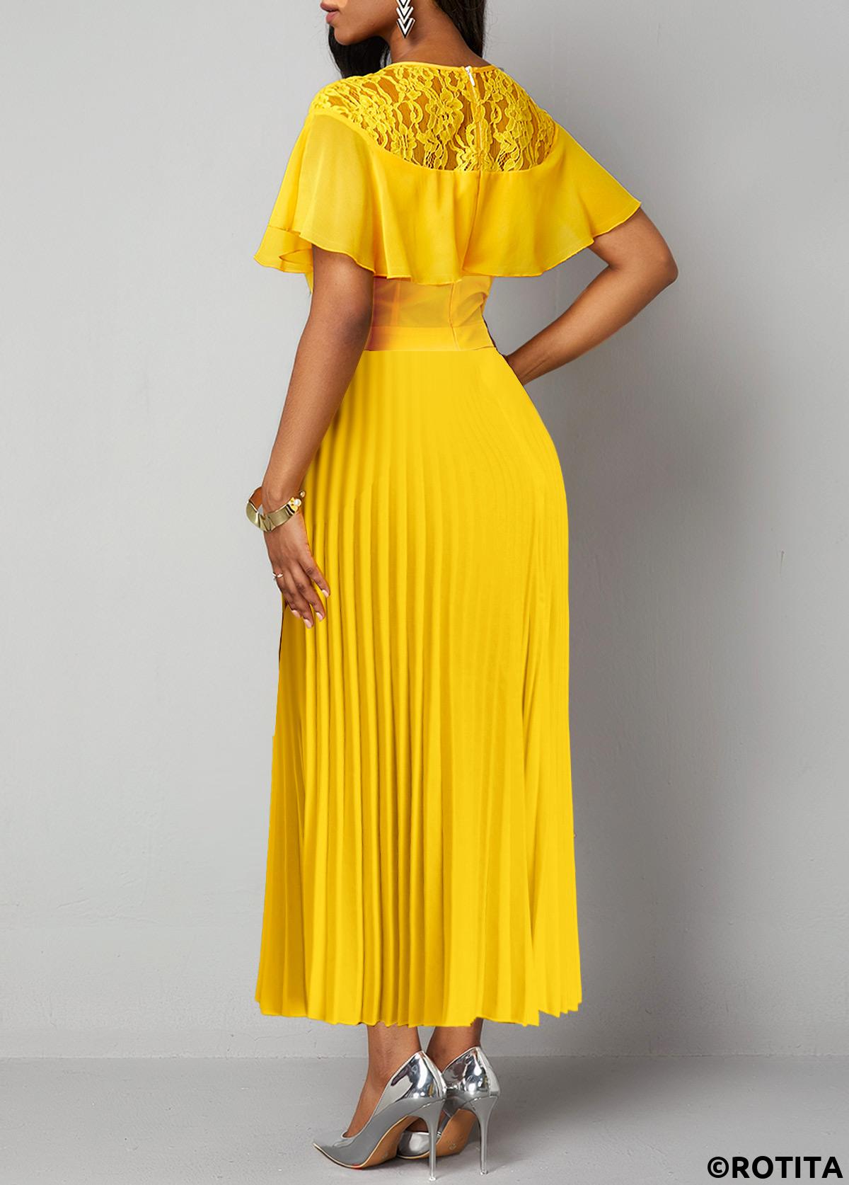 Yellow dresses,Plain Color dresses,Vacation dresses,Vacation dresses,ROTITA Lace Yellow Round Neck Short Sleeve Maxi Dress