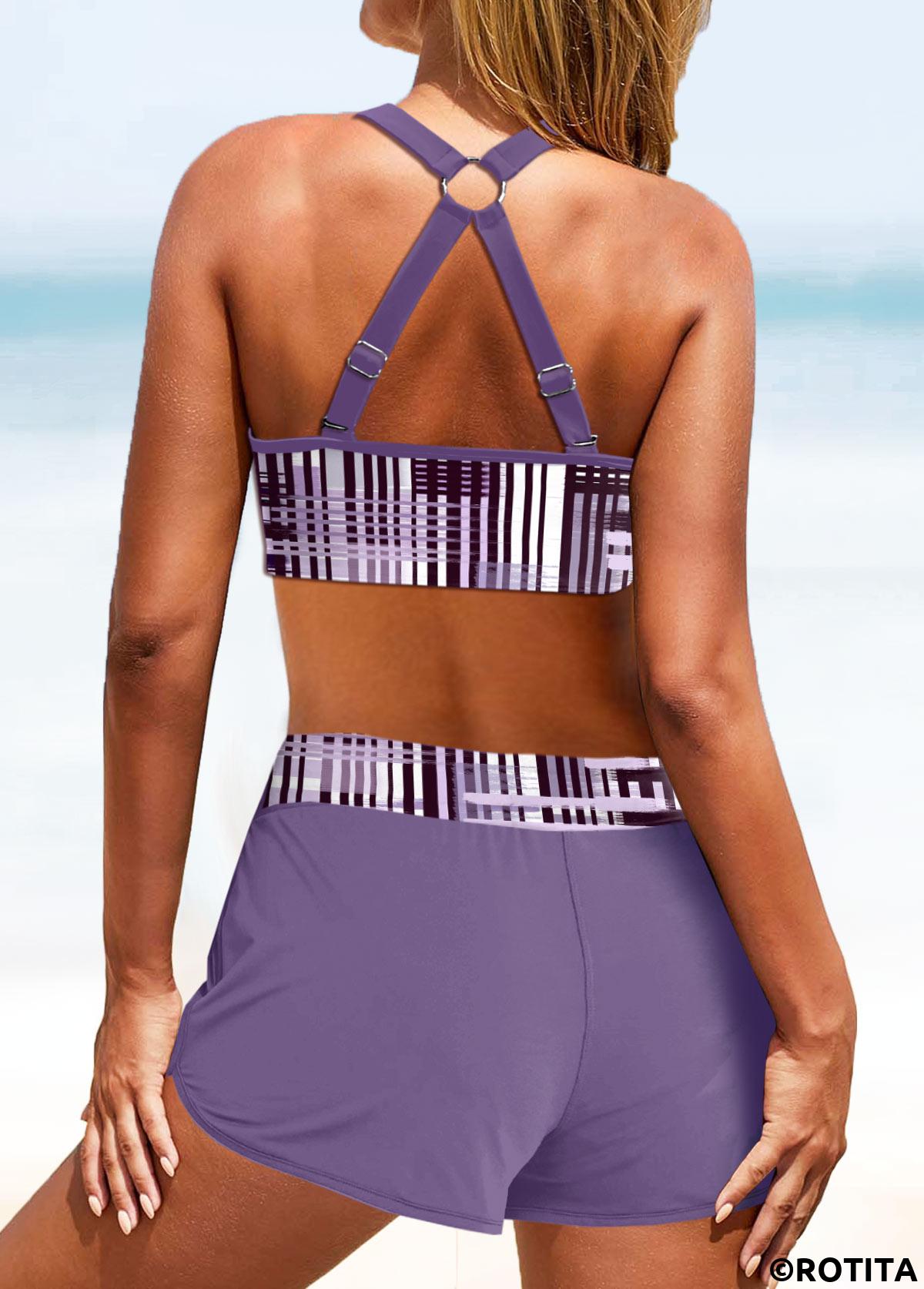 Rotita-Bikini-Set mit kreisförmigem Ring staubigem Lila mit geometrischem Print