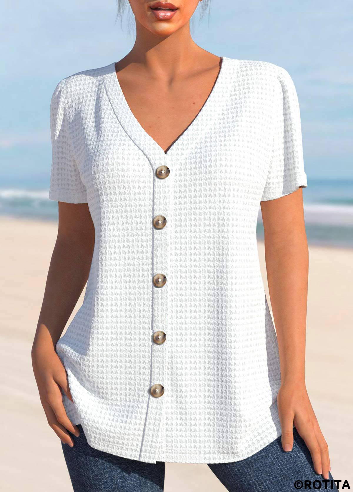 White tops,Plain Color tops,ROTITA Button White V Neck Short Sleeve Blouse