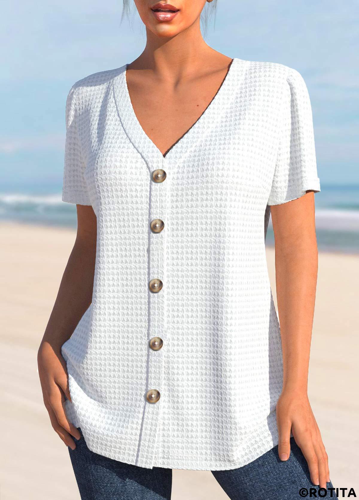 White tops,Plain Color tops,ROTITA Button White V Neck Short Sleeve Blouse