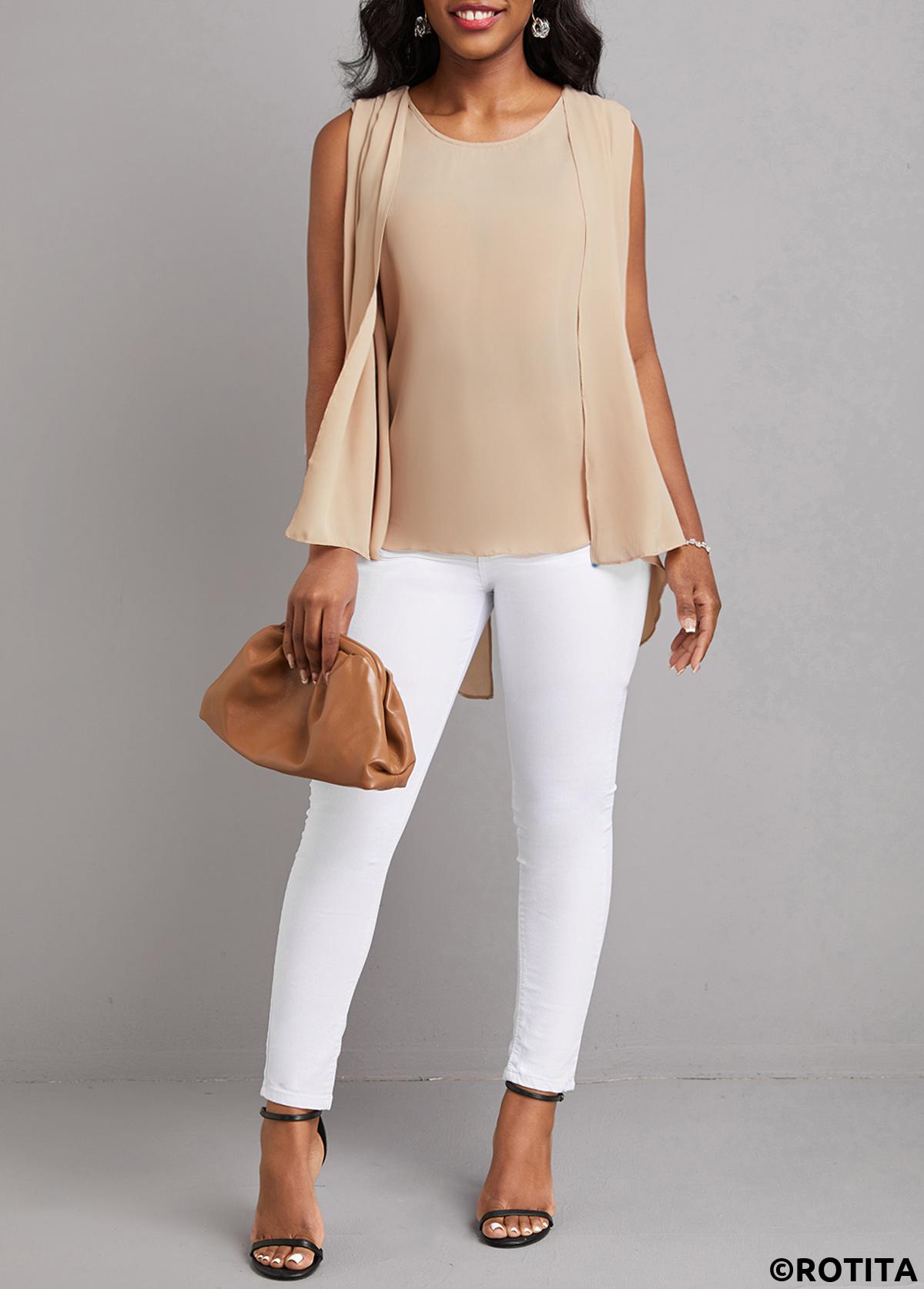 Fake 2in1 Light Coffee Round Neck Tank Top