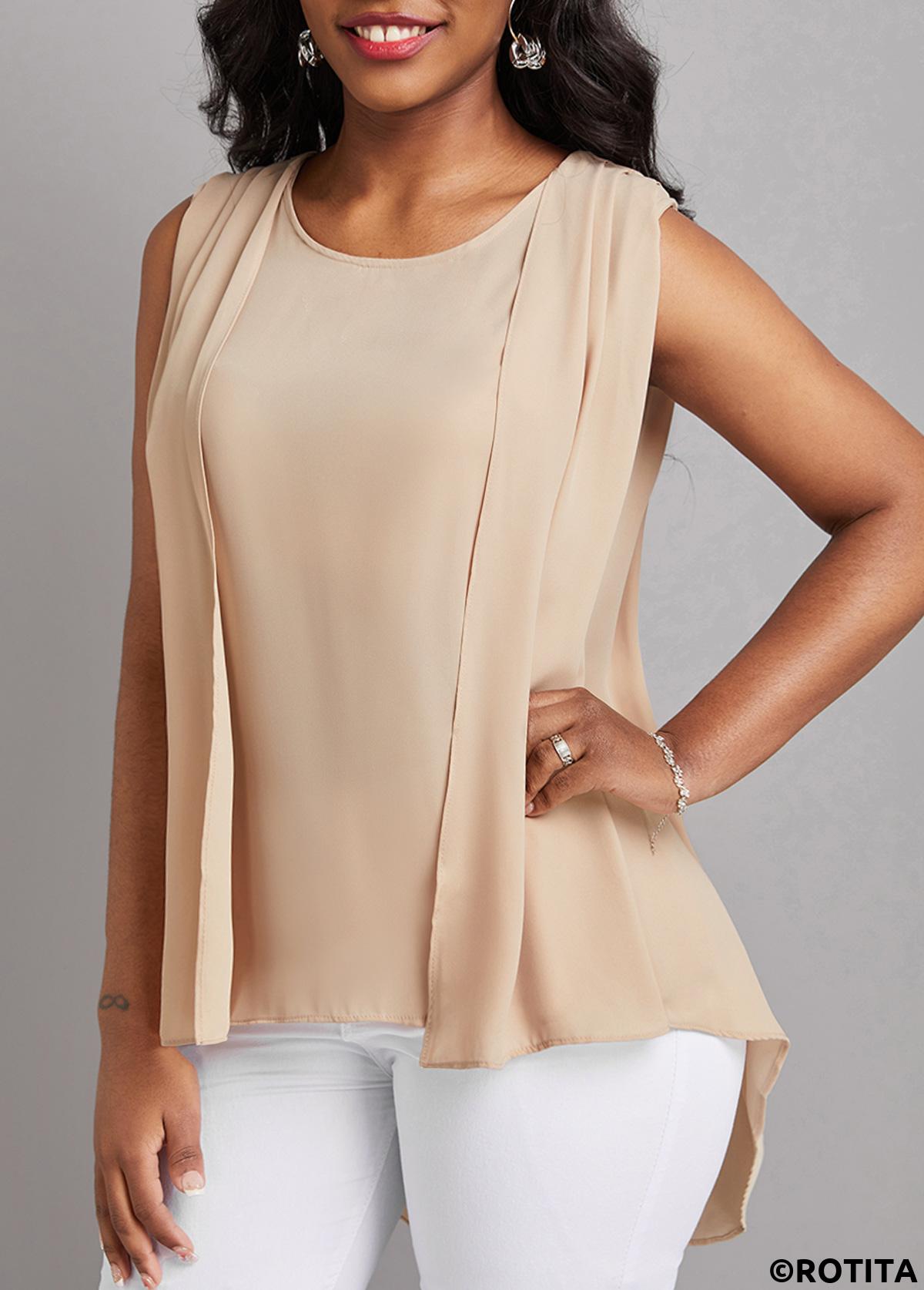 Fake 2in1 Light Coffee Round Neck Tank Top