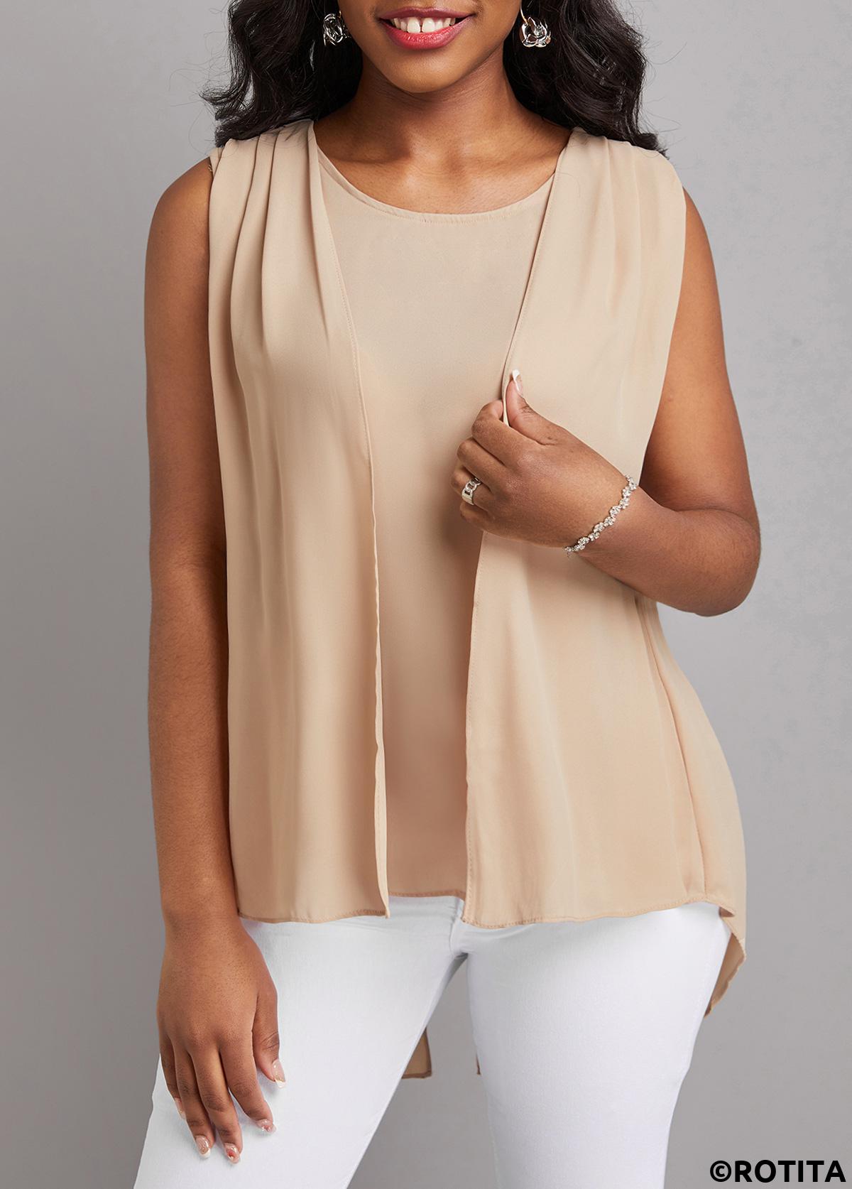 Fake 2in1 Light Coffee Round Neck Tank Top