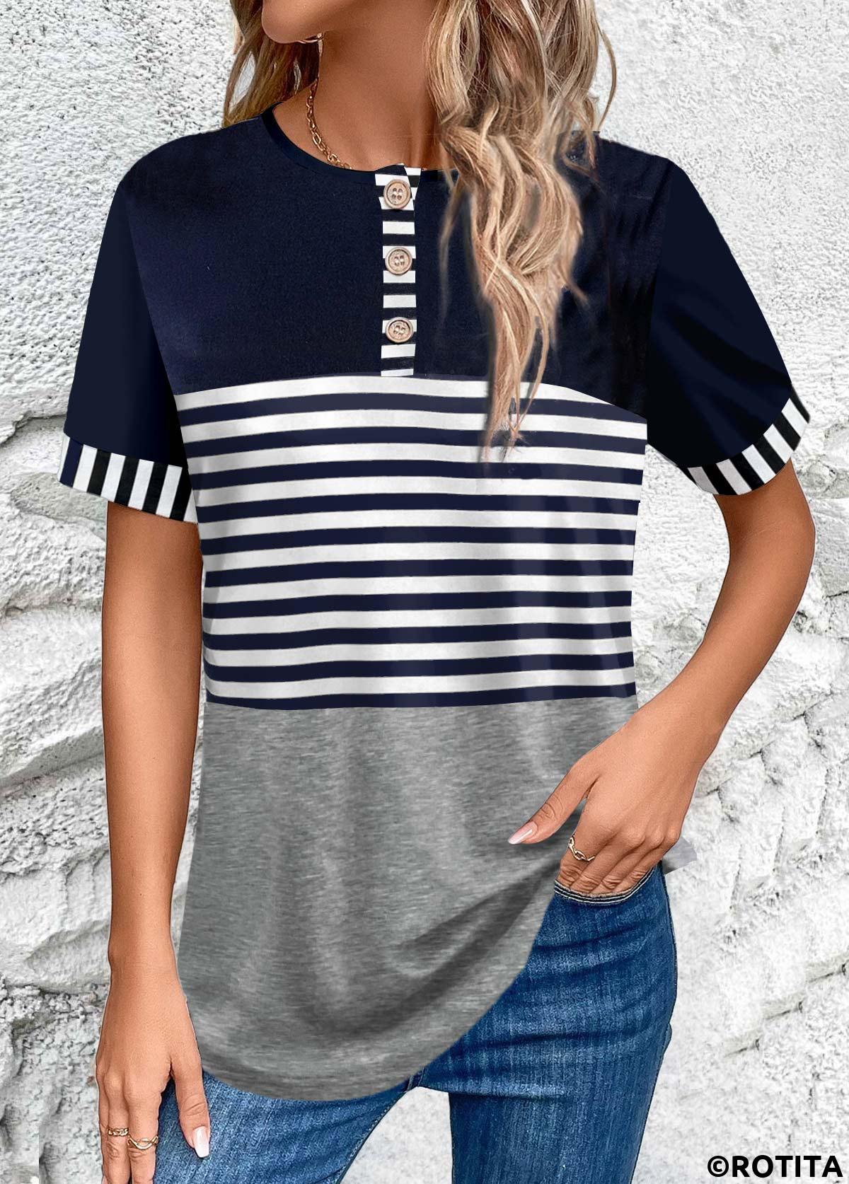 Navy tops,Grey tops,Striped tops,ROTITA Button Striped Navy Round Neck T Shirt