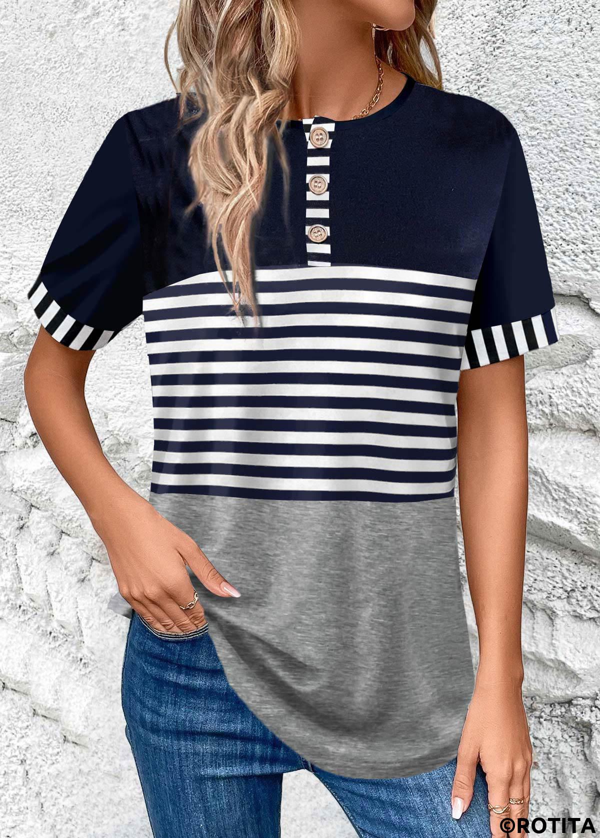 Navy tops,Grey tops,Striped tops,ROTITA Button Striped Navy Round Neck T Shirt
