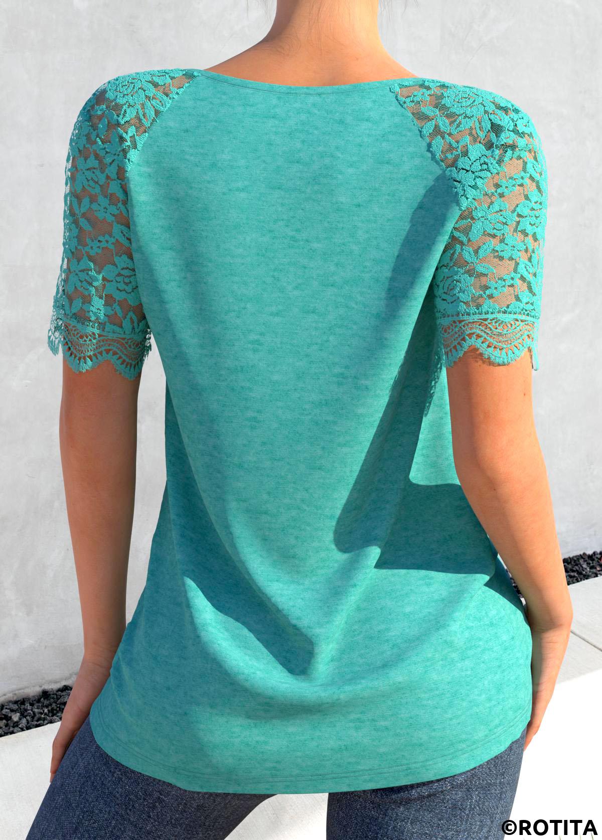 Turquoise tops,Plain Color tops,ROTITA Lace Button Turquoise Round Neck T Shirt