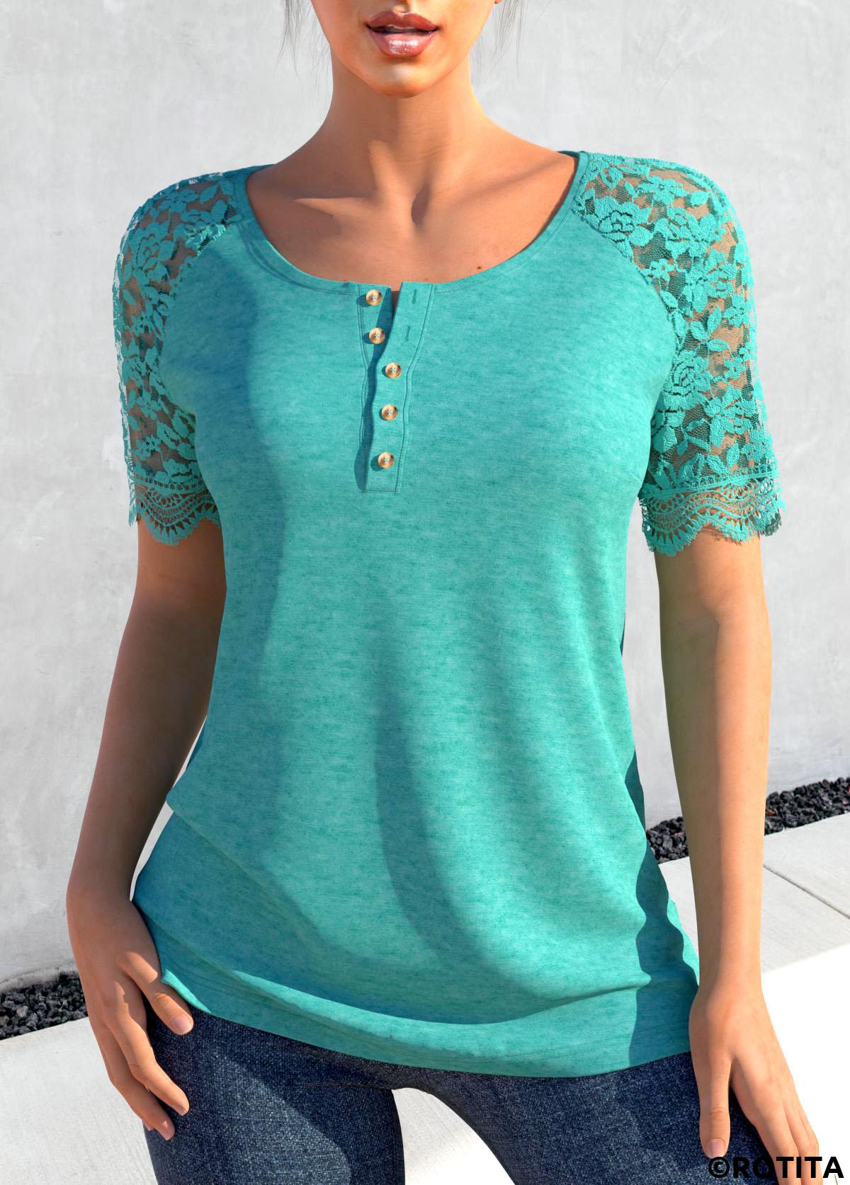 Turquoise tops,Plain Color tops,ROTITA Lace Button Turquoise Round Neck T Shirt