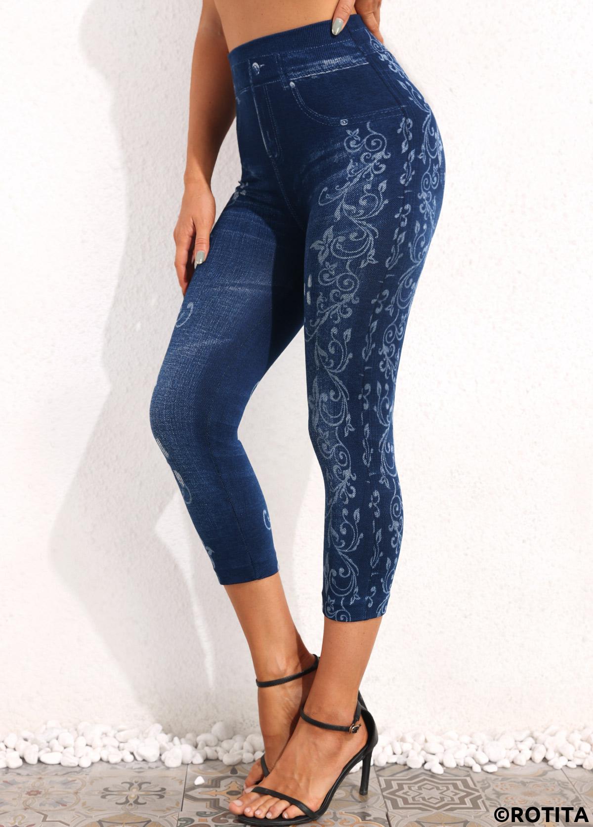 Denim Blue bottoms,Floral bottoms,Floral Print Denim Blue High Waisted Leggings