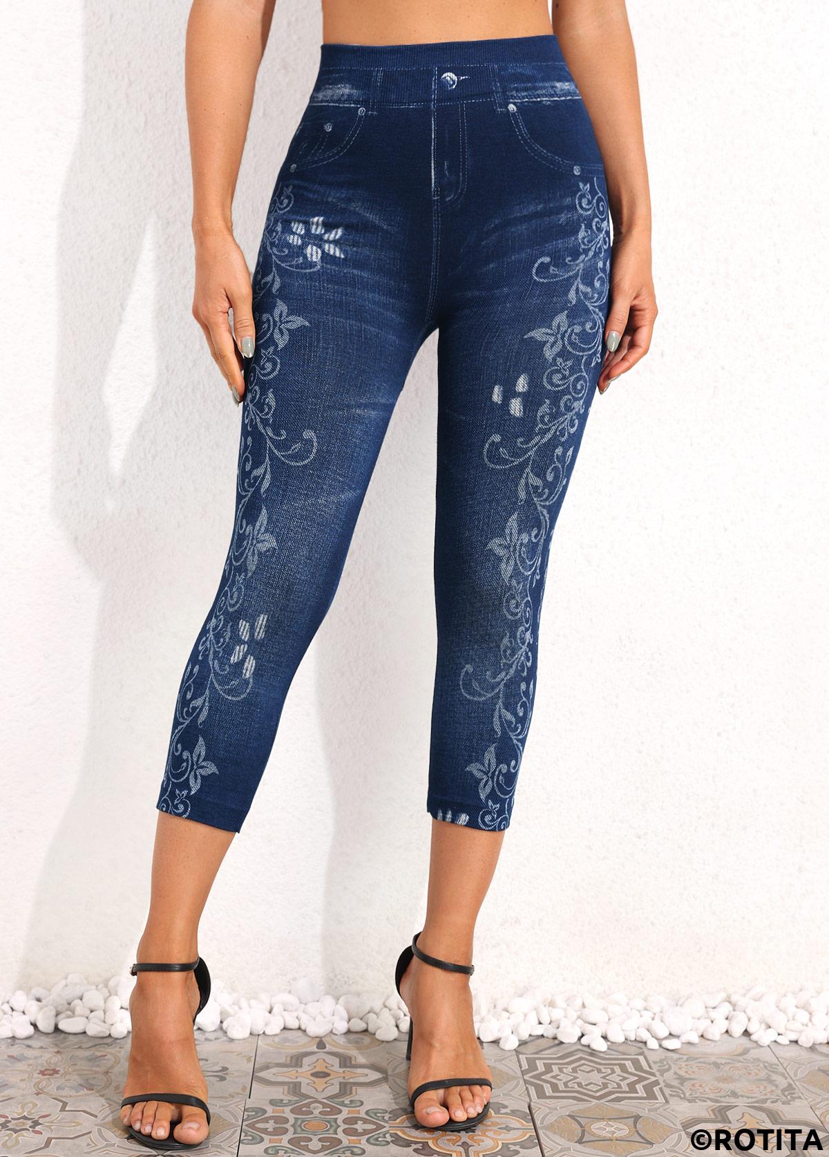 Denim Blue bottoms,Floral bottoms,Floral Print Denim Blue High Waisted Leggings