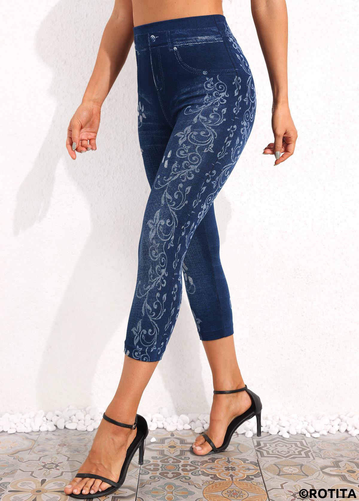 Denim Blue bottoms,Floral bottoms,Floral Print Denim Blue High Waisted Leggings