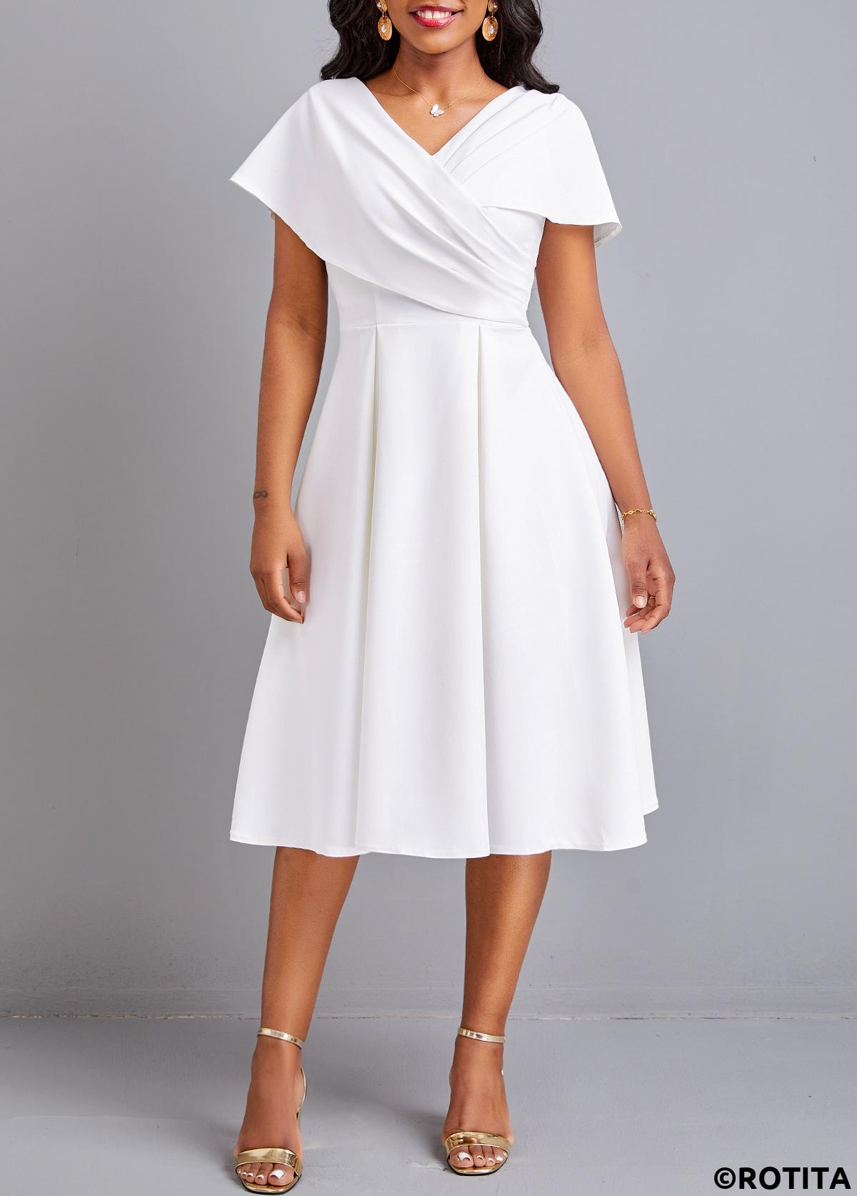 White dresses,Plain Color dresses,Party dresses,Elegant dresses,ROTITA Plus Size White V Neck Short Sleeve Dress