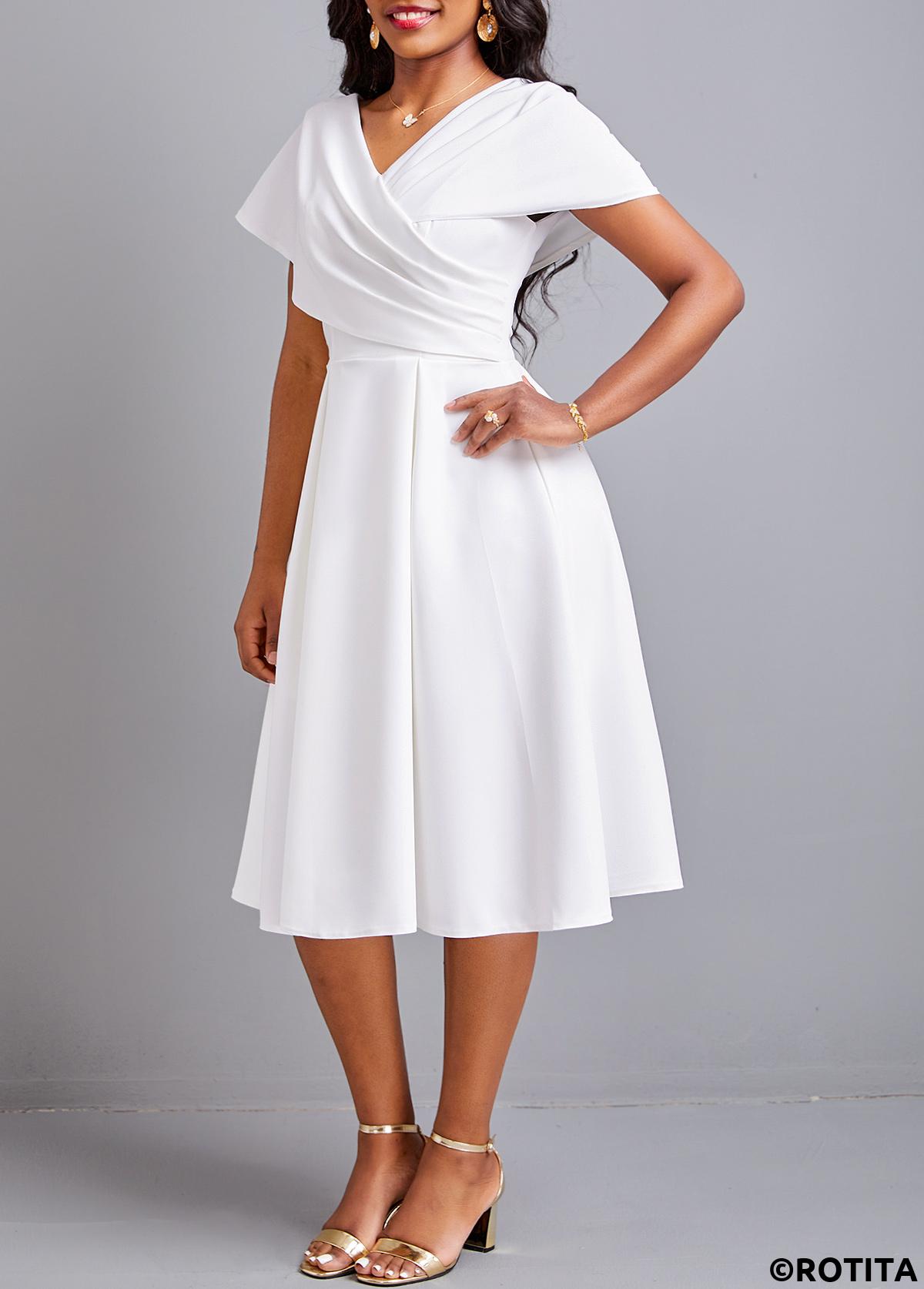 White dresses,Plain Color dresses,Party dresses,Elegant dresses,ROTITA Plus Size White V Neck Short Sleeve Dress