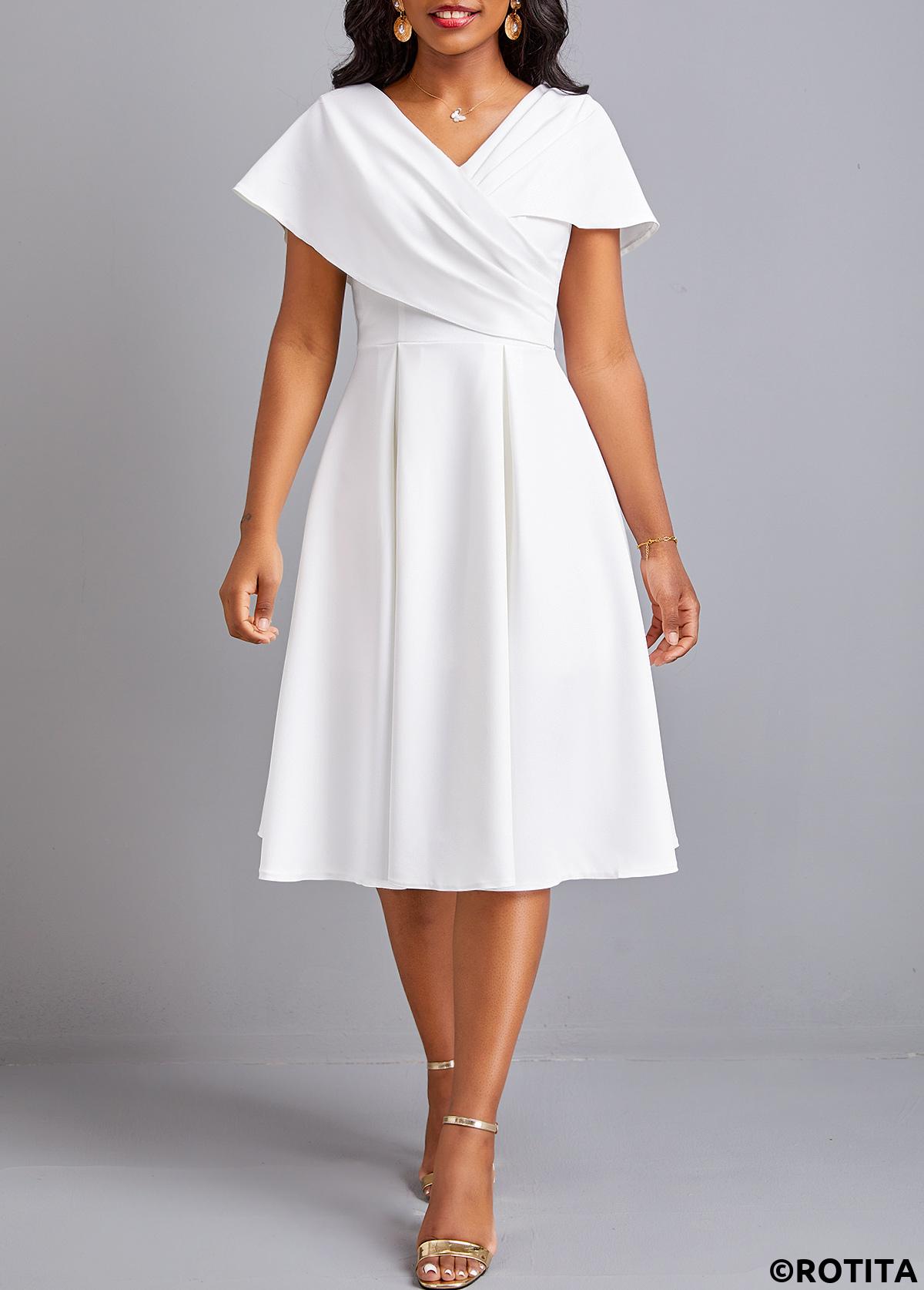 White dresses,Plain Color dresses,Party dresses,Elegant dresses,ROTITA Plus Size White V Neck Short Sleeve Dress