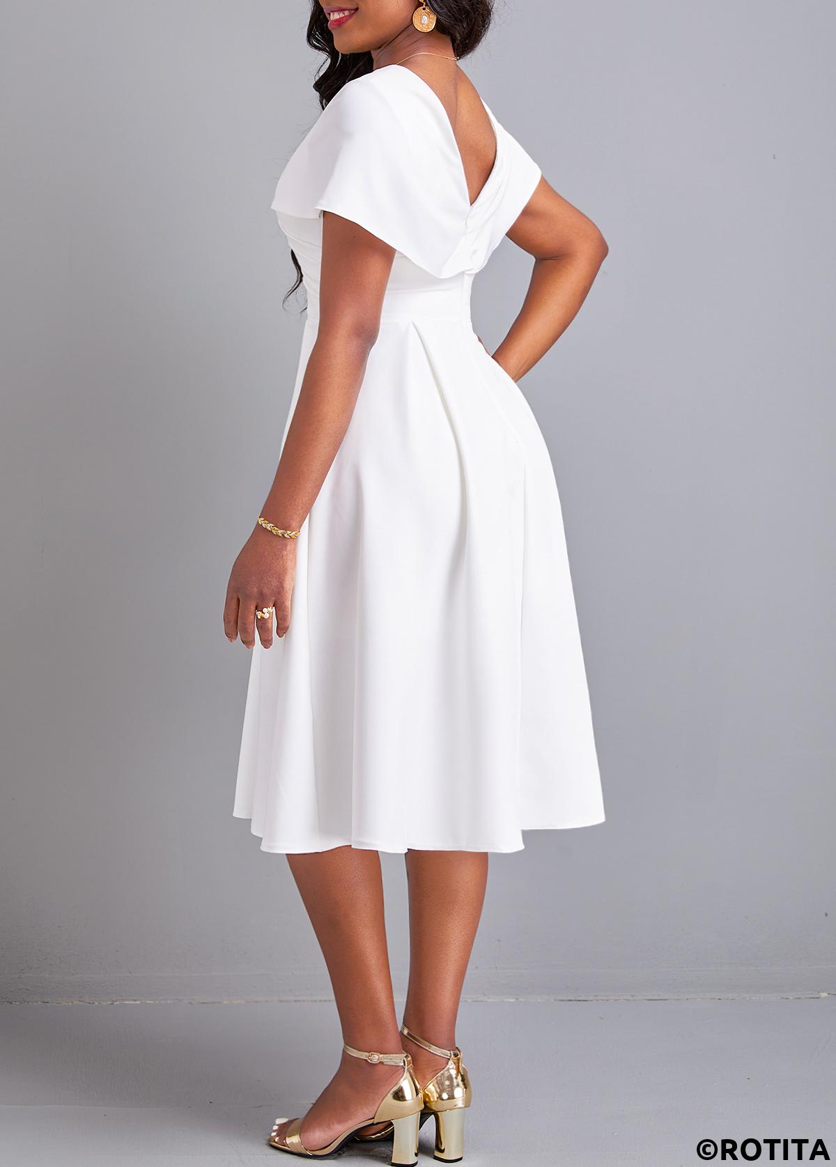 White dresses,Plain Color dresses,Party dresses,Elegant dresses,ROTITA Plus Size White V Neck Short Sleeve Dress