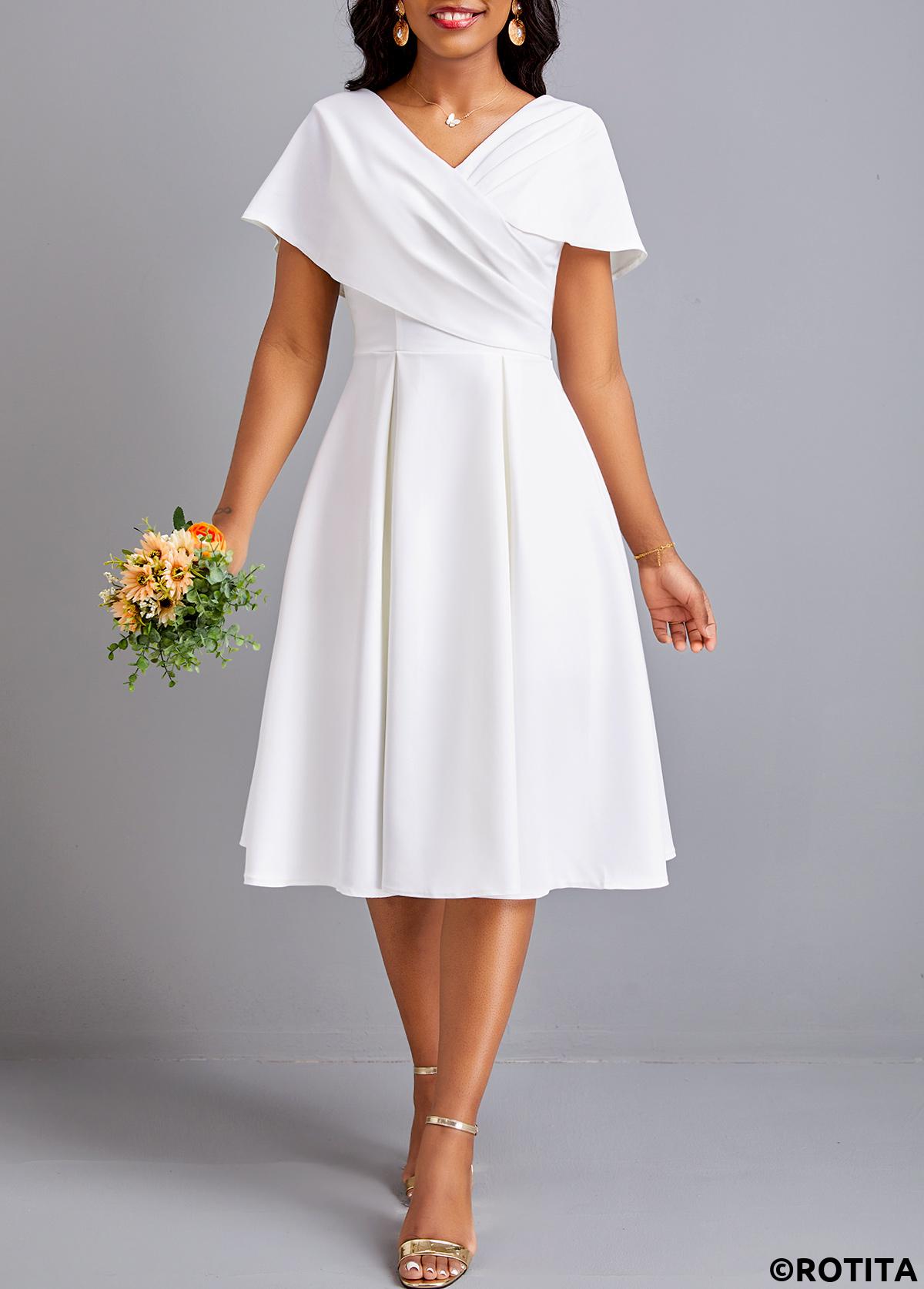 White dresses,Plain Color dresses,Party dresses,Elegant dresses,ROTITA Plus Size White V Neck Short Sleeve Dress