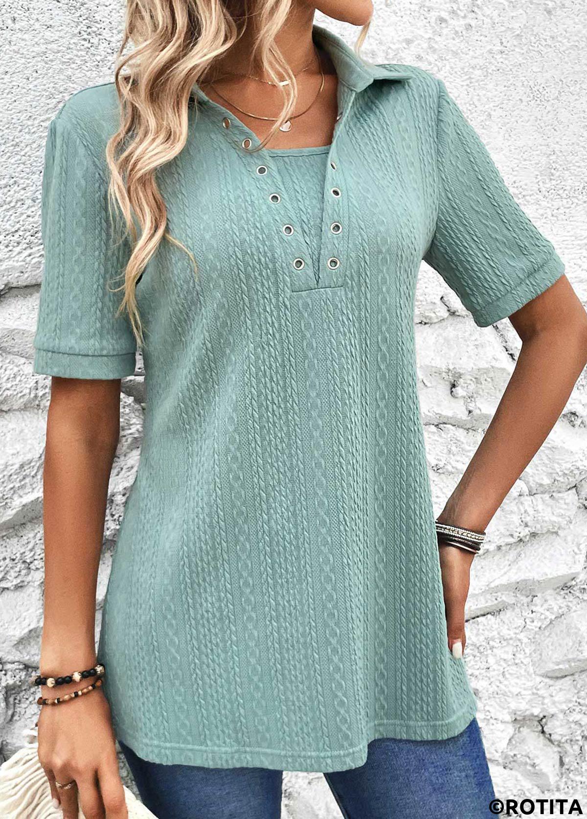 Mint Green tops,Plain Color tops,ROTITA Plus Size Eyelet Mint Green Shirt Collar Blouse