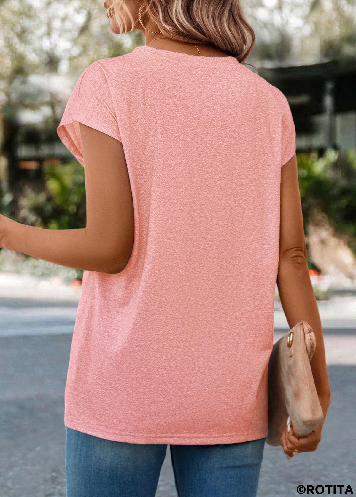 Pink tops,Floral tops,Plants tops,Floral Print Pink Round Neck T Shirt