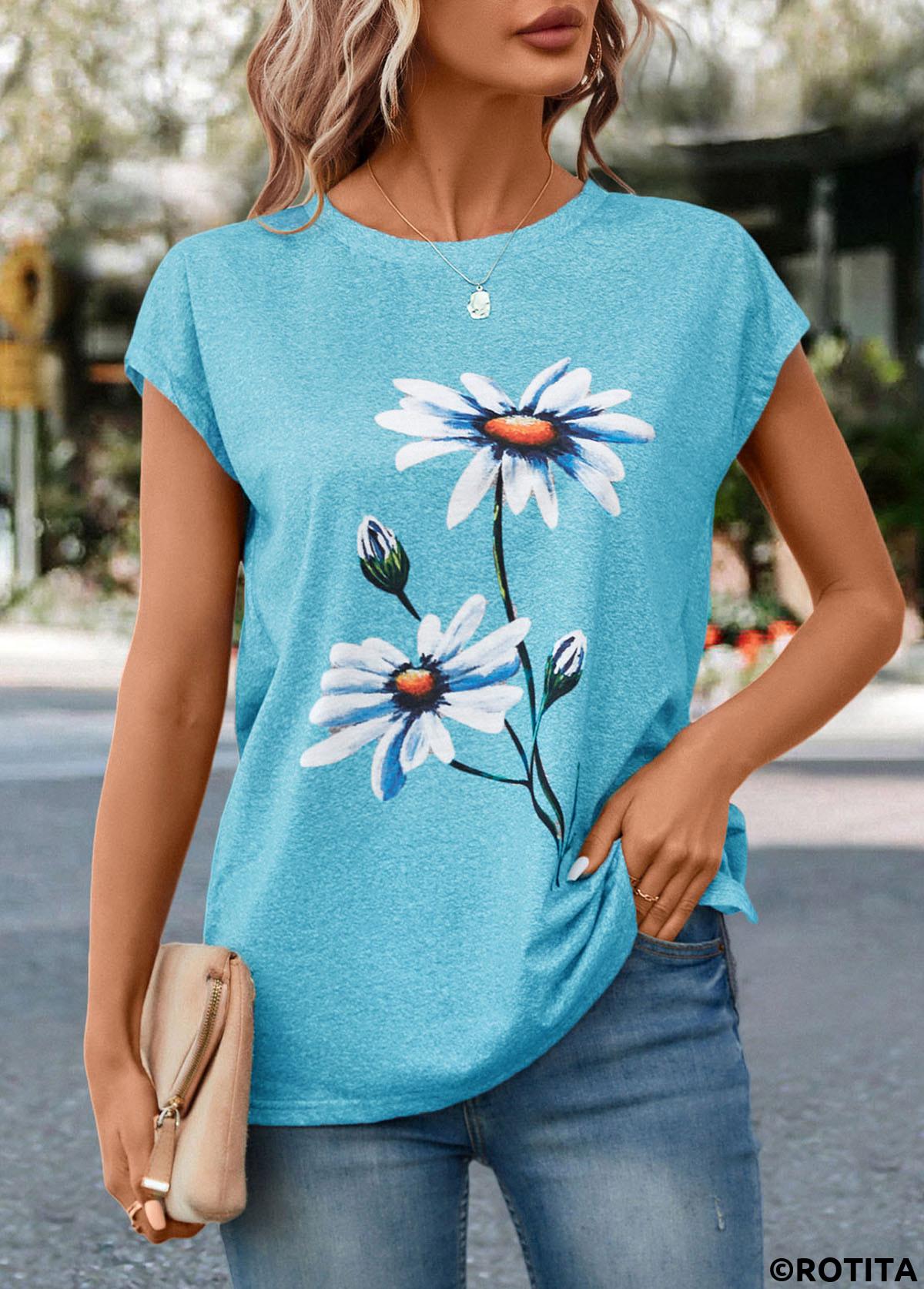 Sky Blue tops,Floral tops,Plants tops,Floral Print Sky Blue Round Neck T Shirt