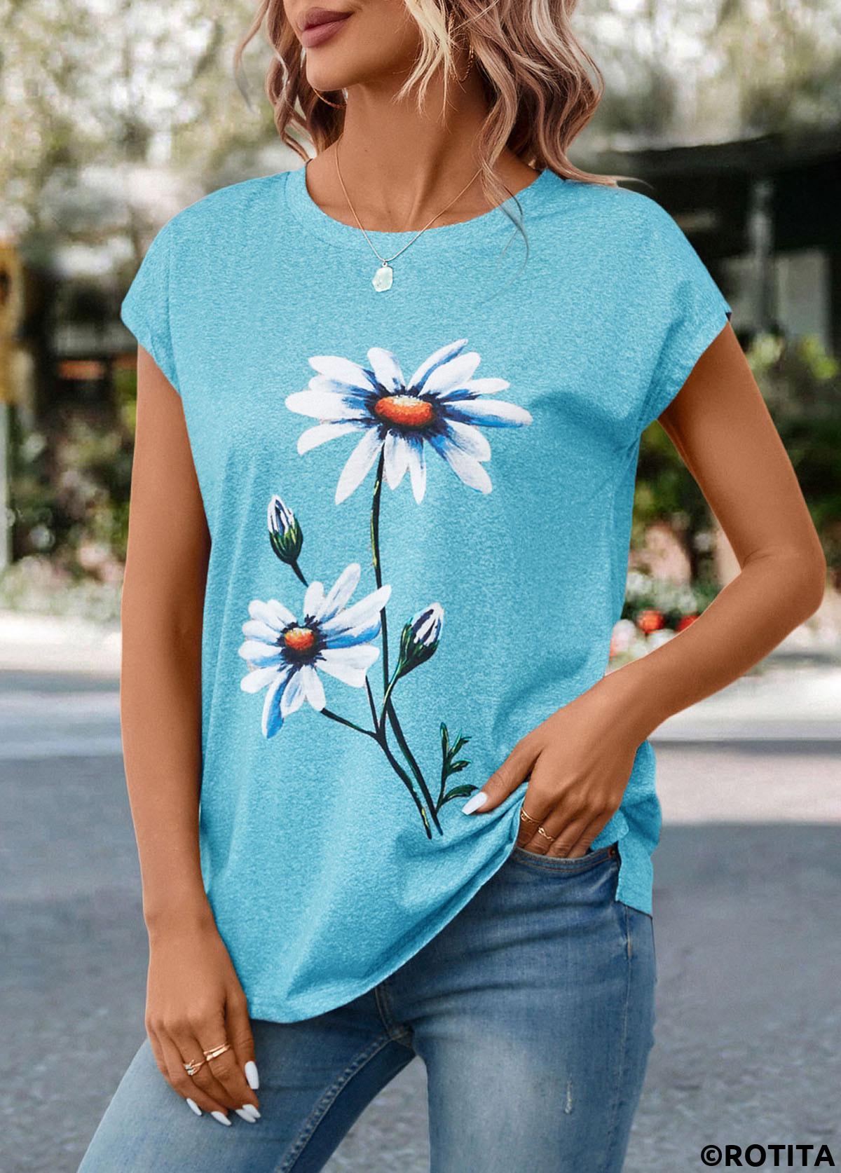 Sky Blue tops,Floral tops,Plants tops,Floral Print Sky Blue Round Neck T Shirt