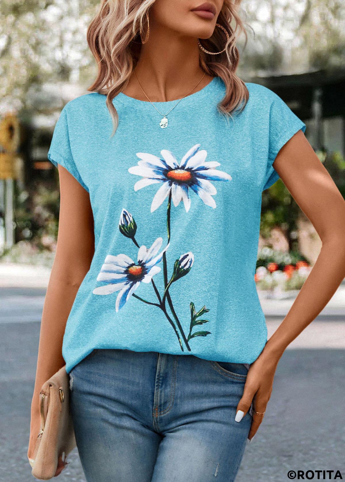 Sky Blue tops,Floral tops,Plants tops,Floral Print Sky Blue Round Neck T Shirt