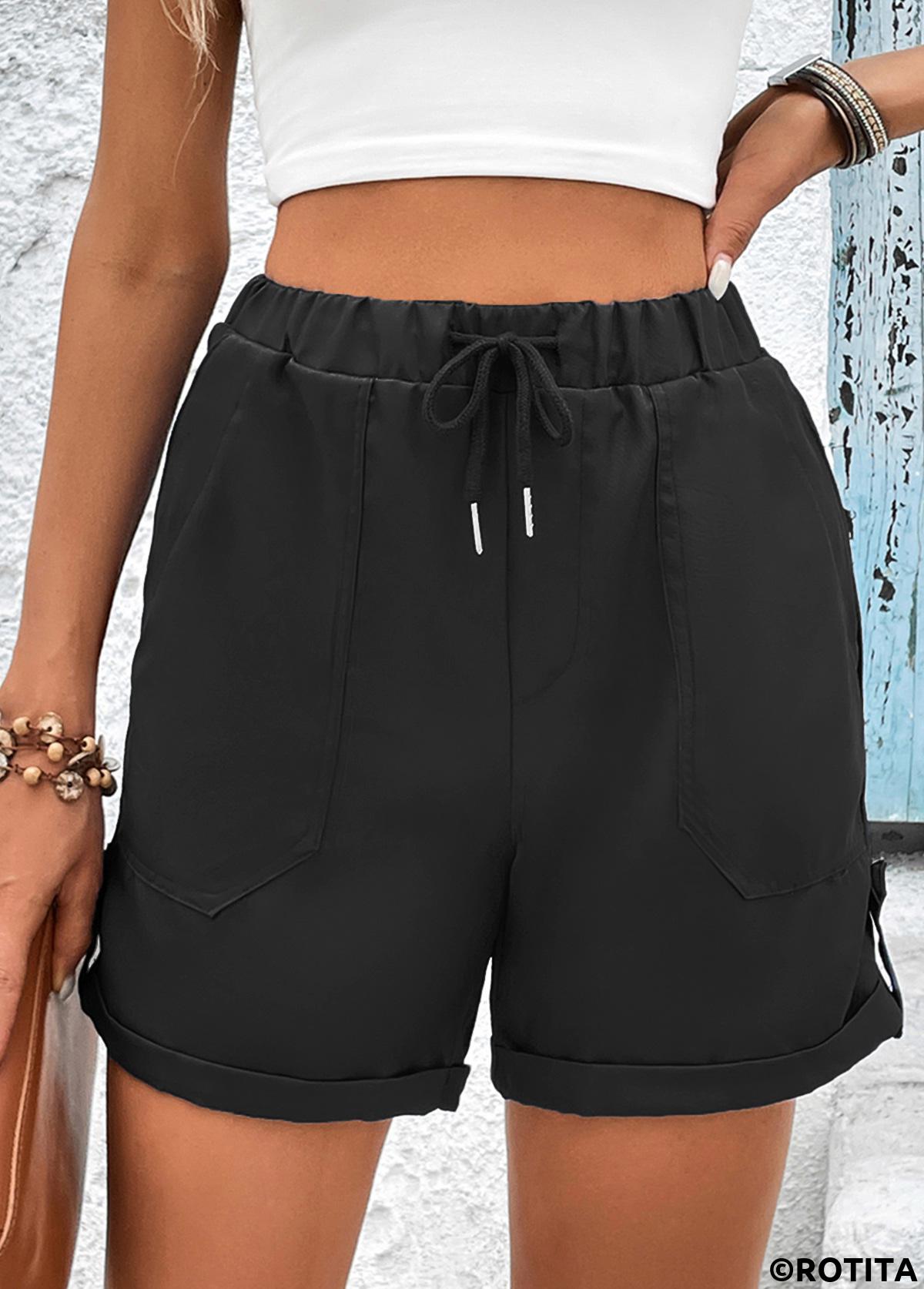 Black bottoms,Plain Color bottoms,Pocket Black Drawastring High Waisted Shorts