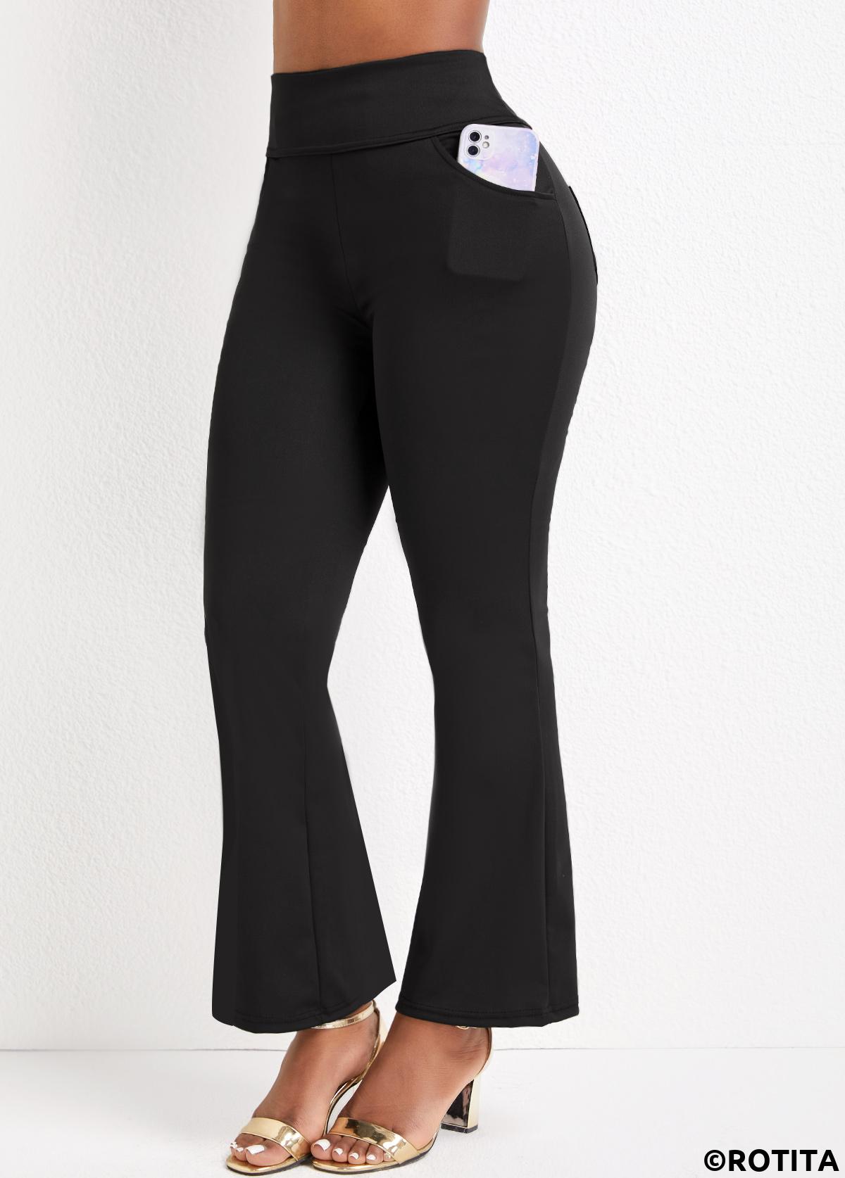 Black bottoms,Plain Color bottoms,Pocket Black Flare Leg Elastic Waist Pants