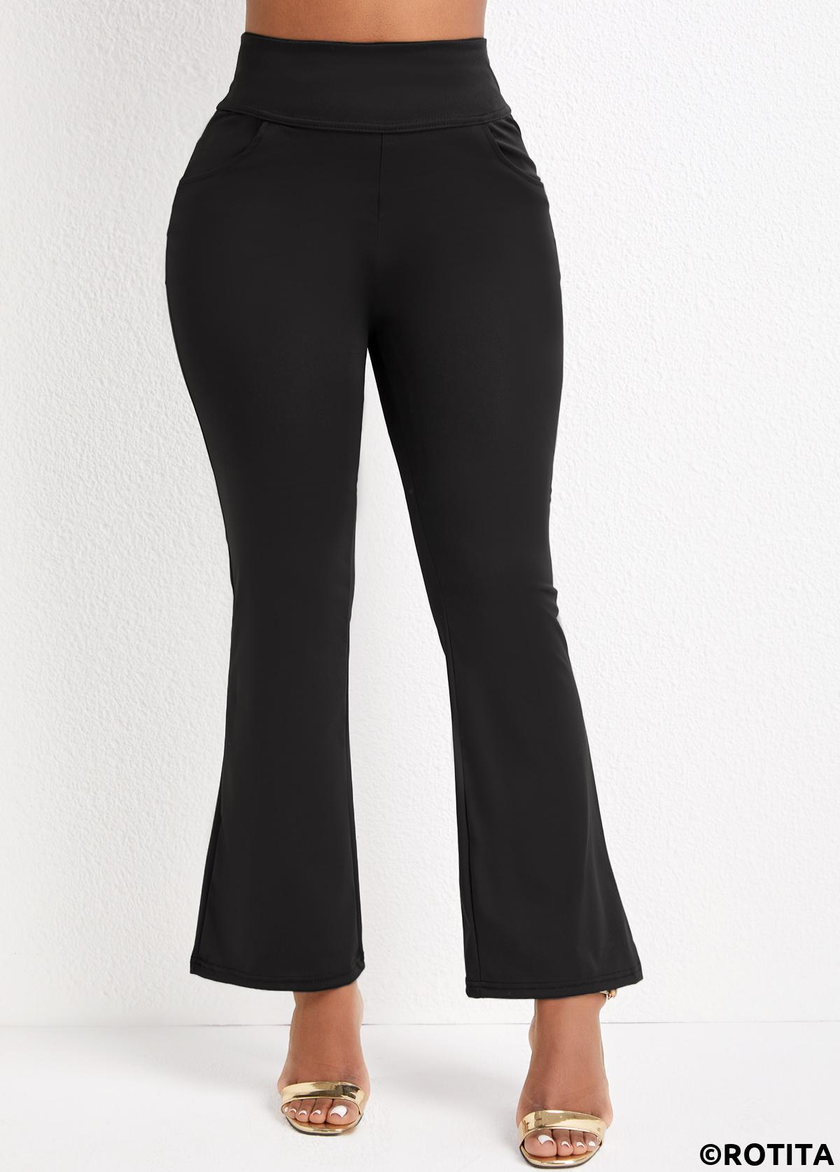 Black bottoms,Plain Color bottoms,Pocket Black Flare Leg Elastic Waist Pants