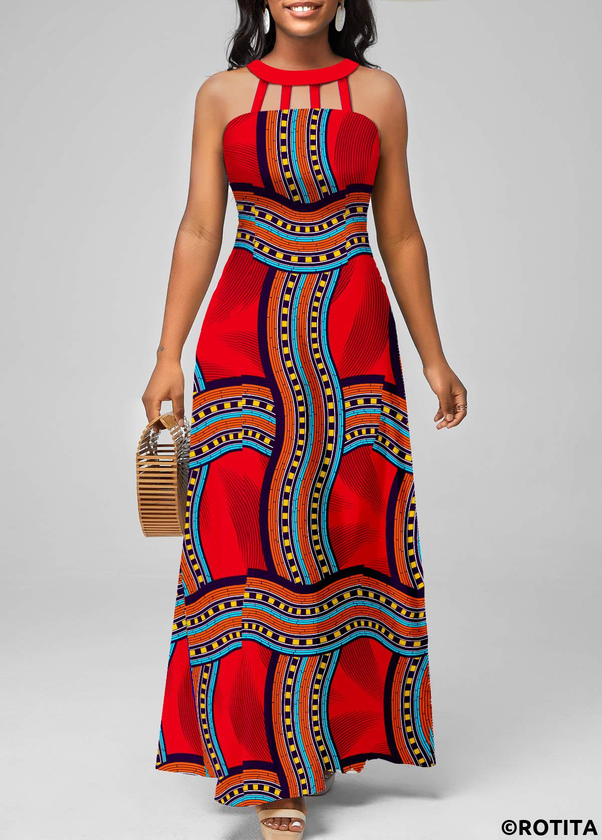 Red dresses,Tribal dresses,Geometric dresses,Striped dresses,Vacation dresses,Vacation dresses,ROTITA Cage Neck Tribal Print Red Sleeveless Maxi Dress
