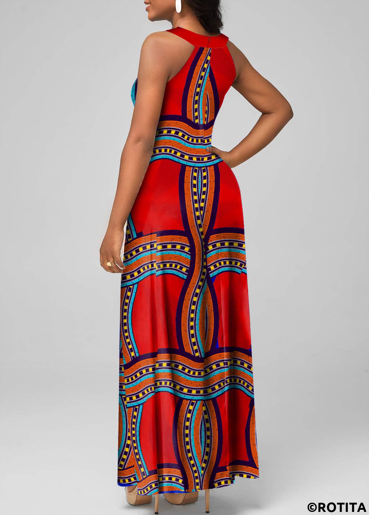 Red dresses,Tribal dresses,Geometric dresses,Striped dresses,Vacation dresses,Vacation dresses,ROTITA Cage Neck Tribal Print Red Sleeveless Maxi Dress