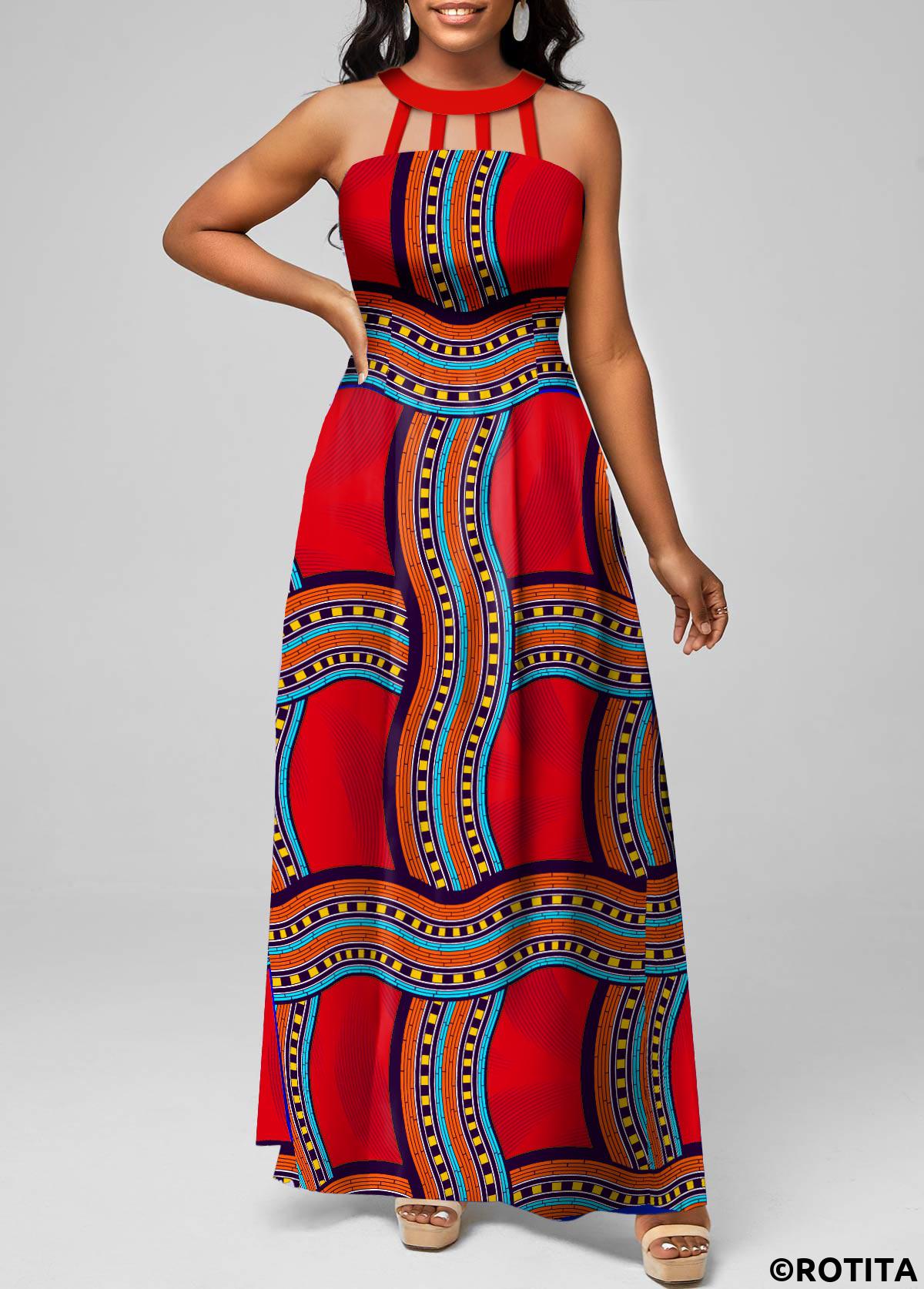Red dresses,Tribal dresses,Geometric dresses,Striped dresses,Vacation dresses,Vacation dresses,ROTITA Cage Neck Tribal Print Red Sleeveless Maxi Dress