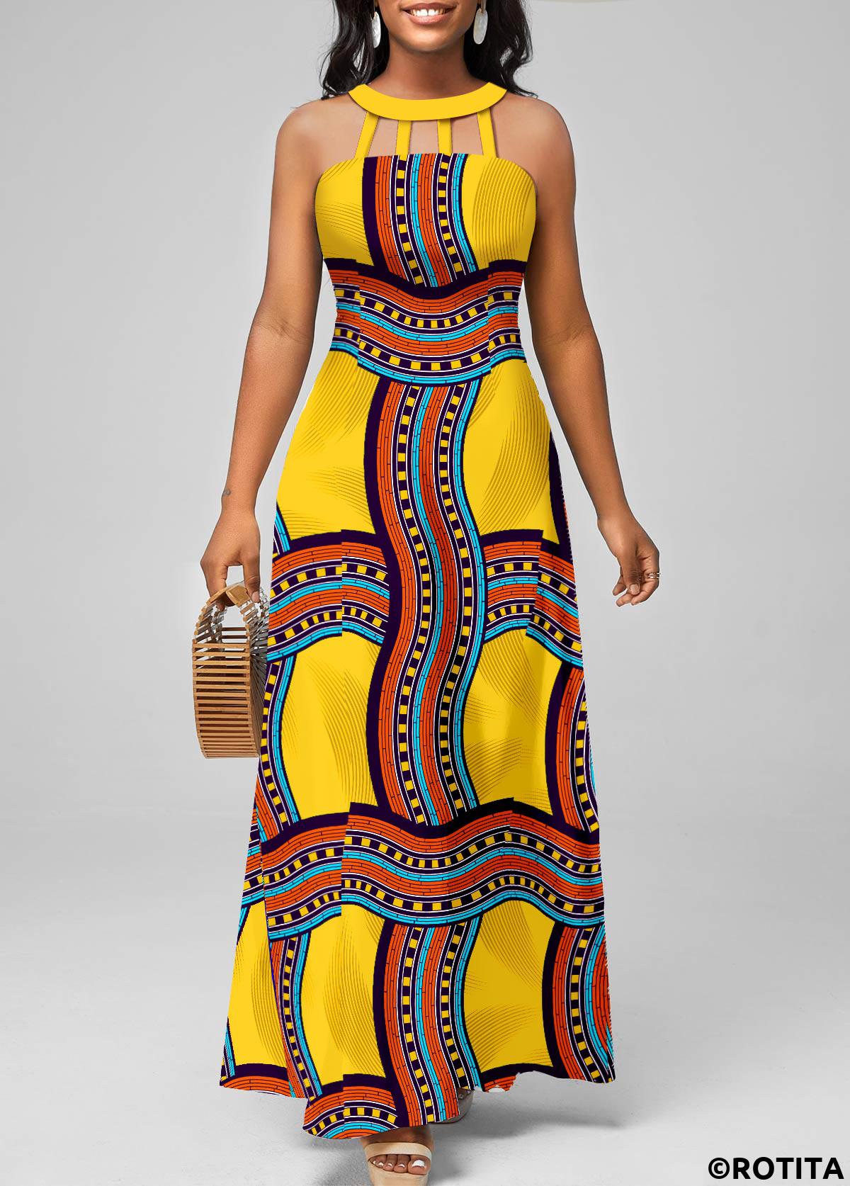 Yellow dresses,Tribal dresses,Geometric dresses,Striped dresses,Vacation dresses,Vacation dresses,ROTITA Cage Neck Tribal Print Yellow Sleeveless Maxi Dress