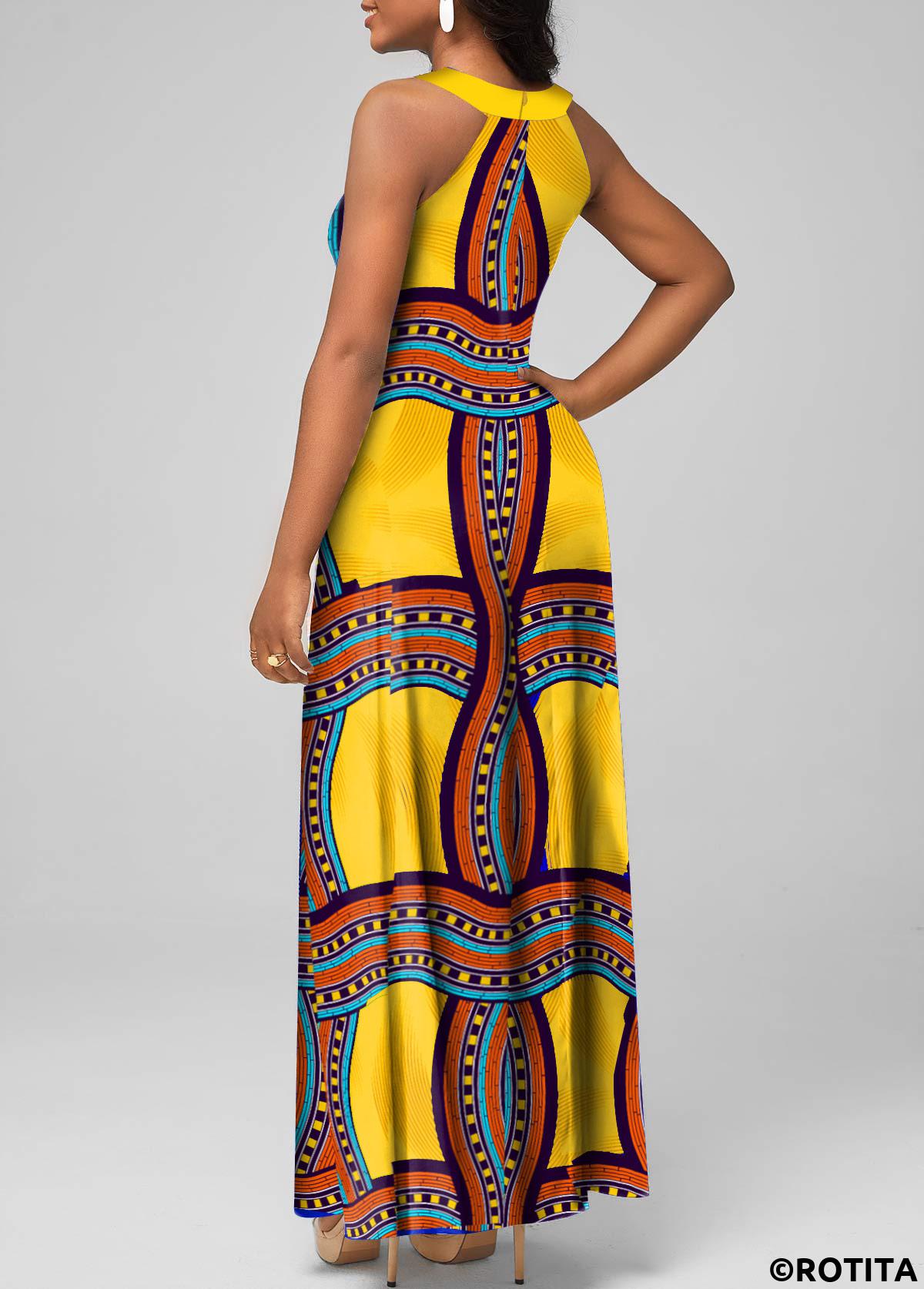 Yellow dresses,Tribal dresses,Geometric dresses,Striped dresses,Vacation dresses,Vacation dresses,ROTITA Cage Neck Tribal Print Yellow Sleeveless Maxi Dress