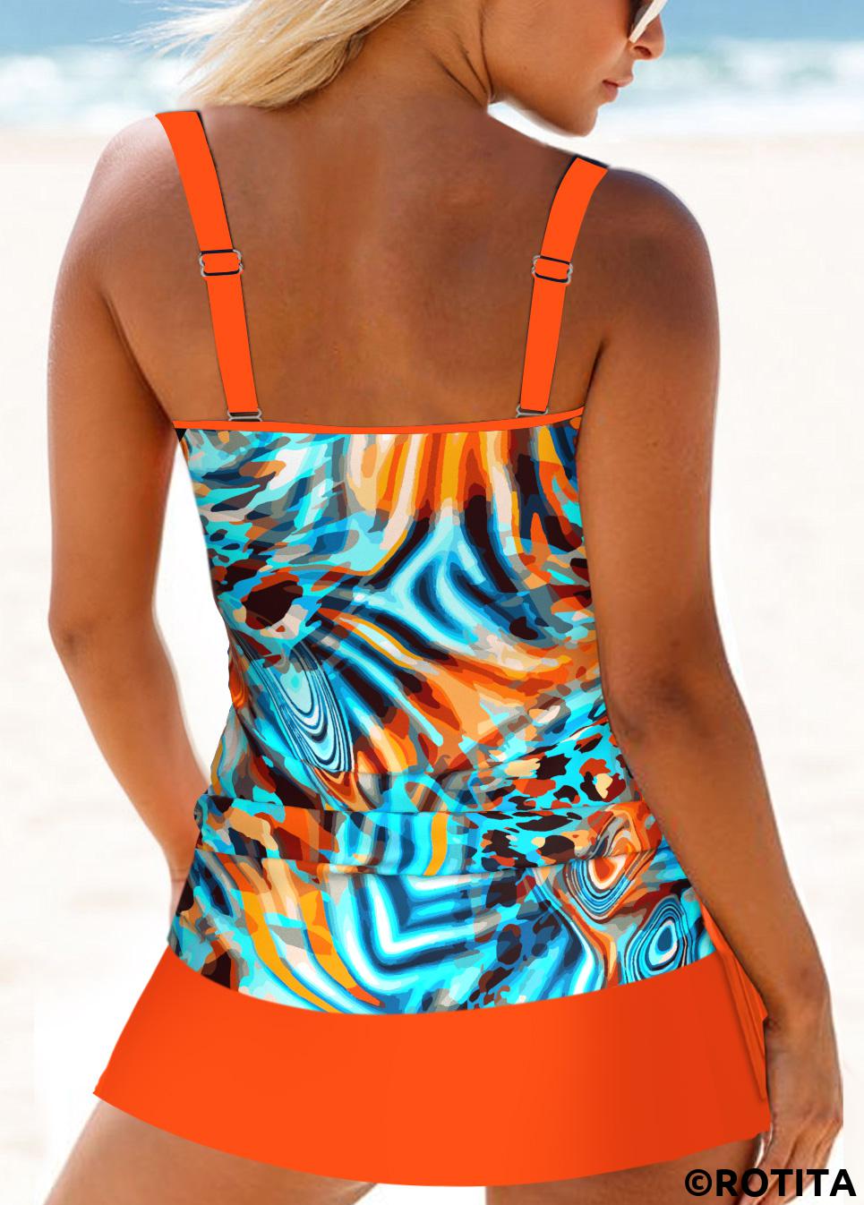 Multi Color swimwear,Orange swimwear,Leopard swimwear,ROTITA Circular Ring Multi Color Leopard Tankini Set