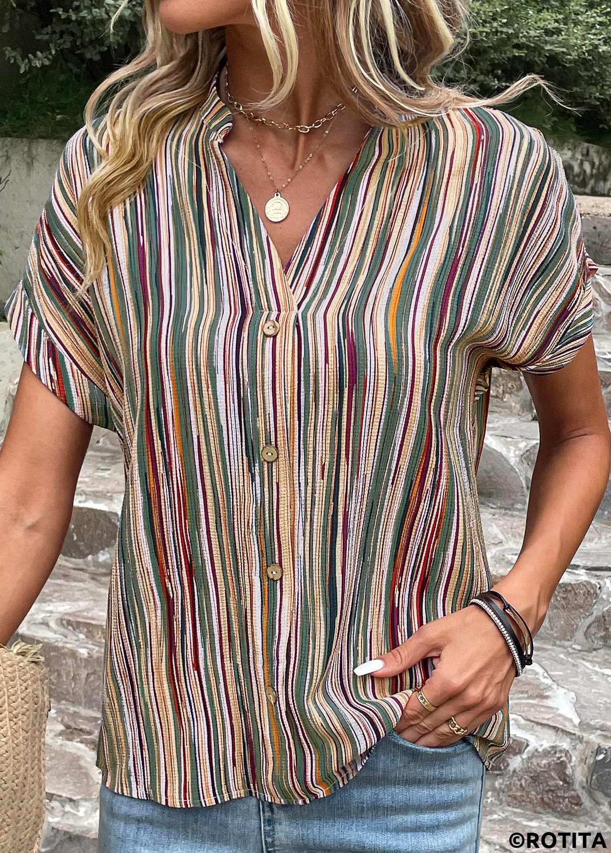 Button Striped Green V Neck Blouse