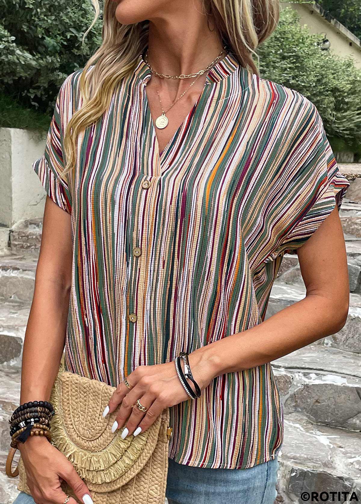 Button Striped Green V Neck Blouse