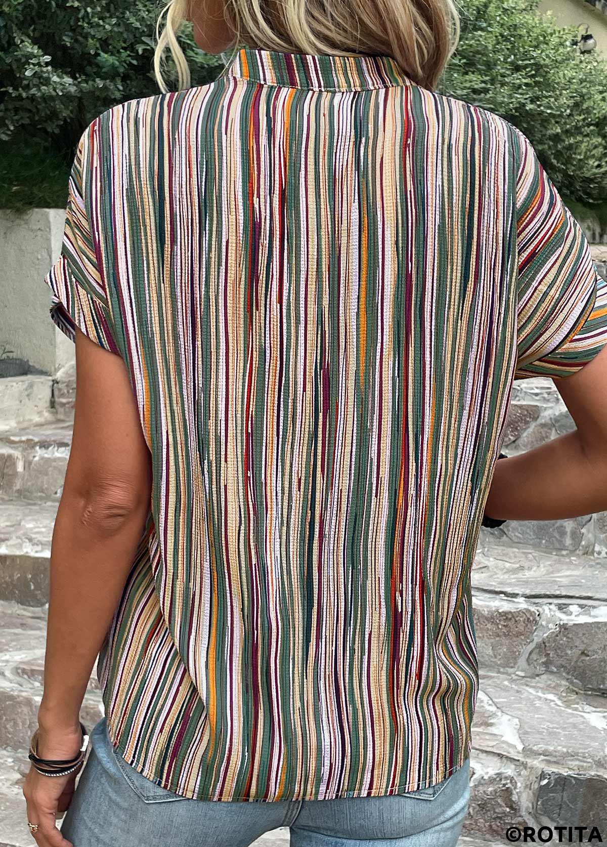 Button Striped Green V Neck Blouse